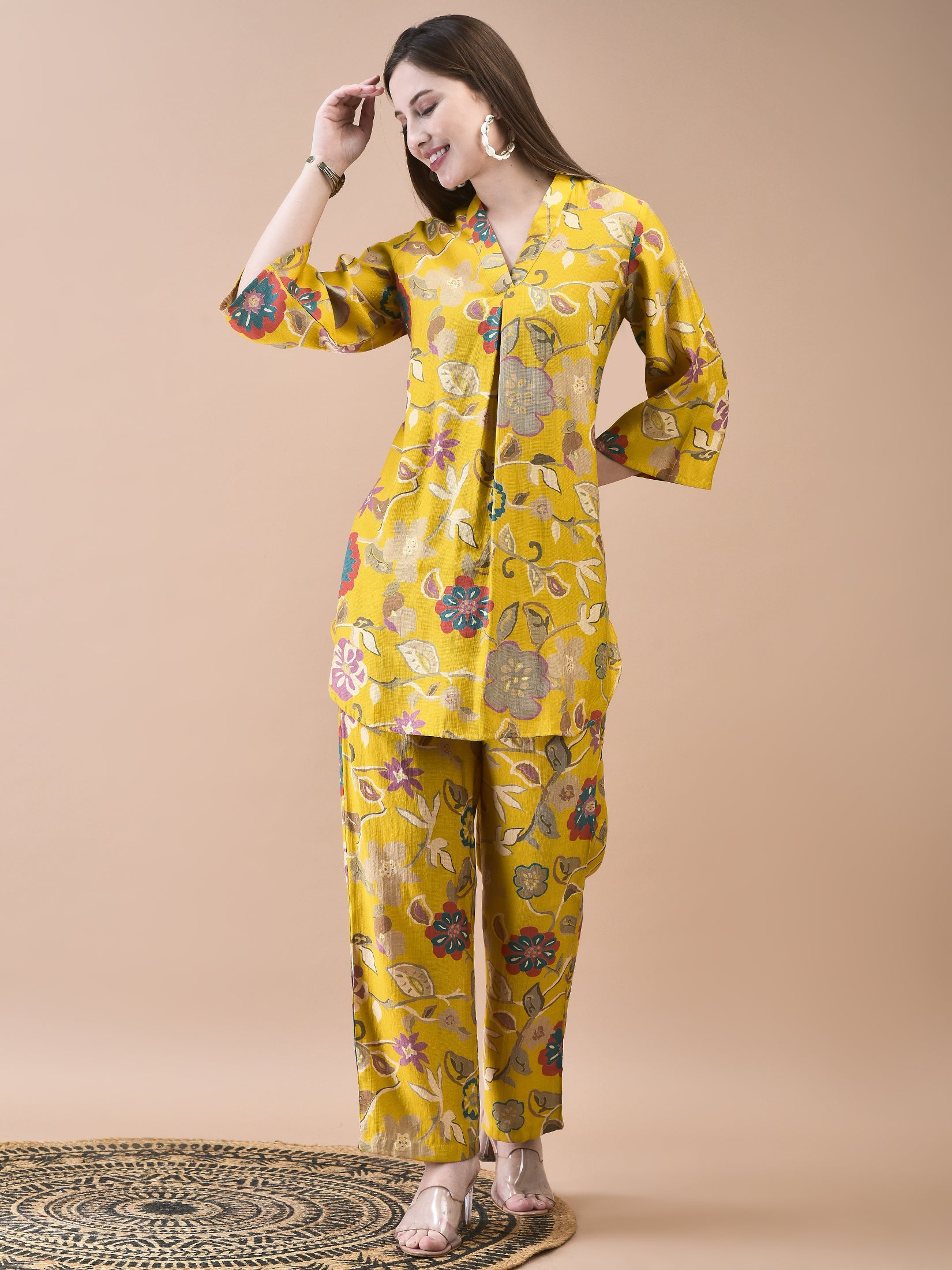 Women Liva Yellow Floral Print Co-Ord Set