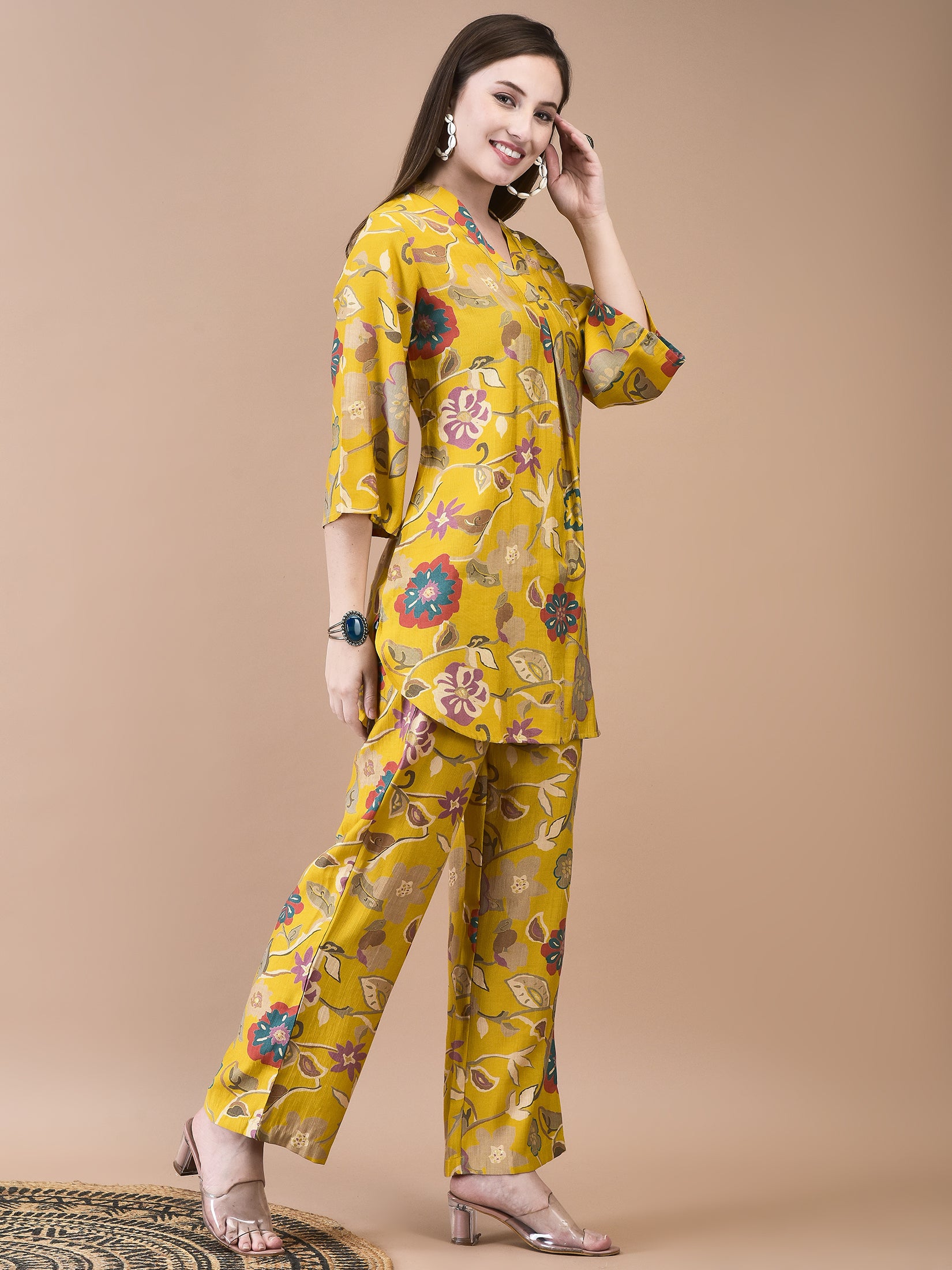 Women Liva Yellow Floral Print Co-Ord Set