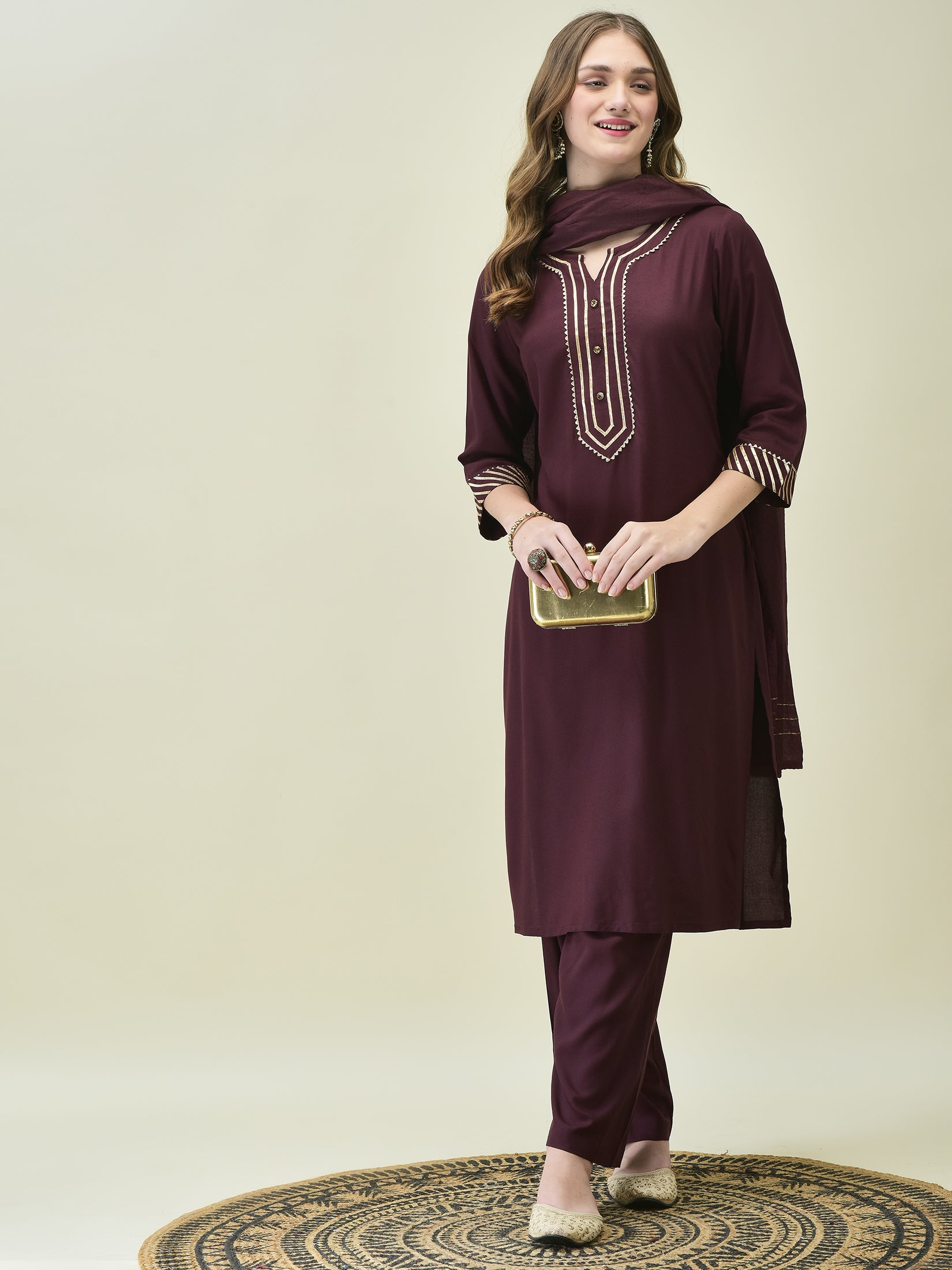 Women Soild Burgundy Kurta Comfort Pant Dupatta