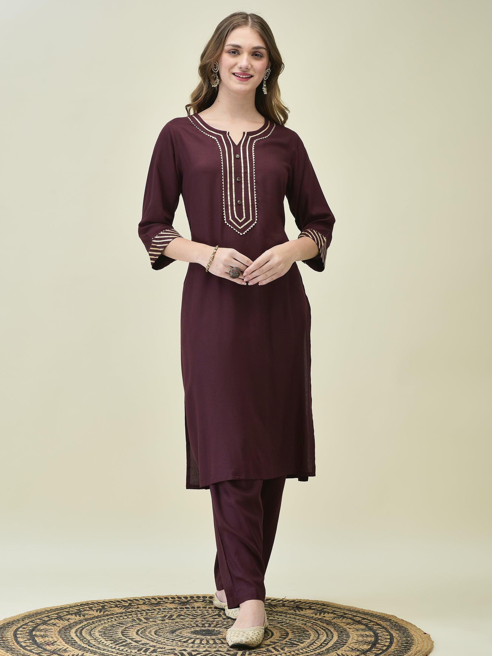 Women Soild Burgundy Kurta Comfort Pant Dupatta