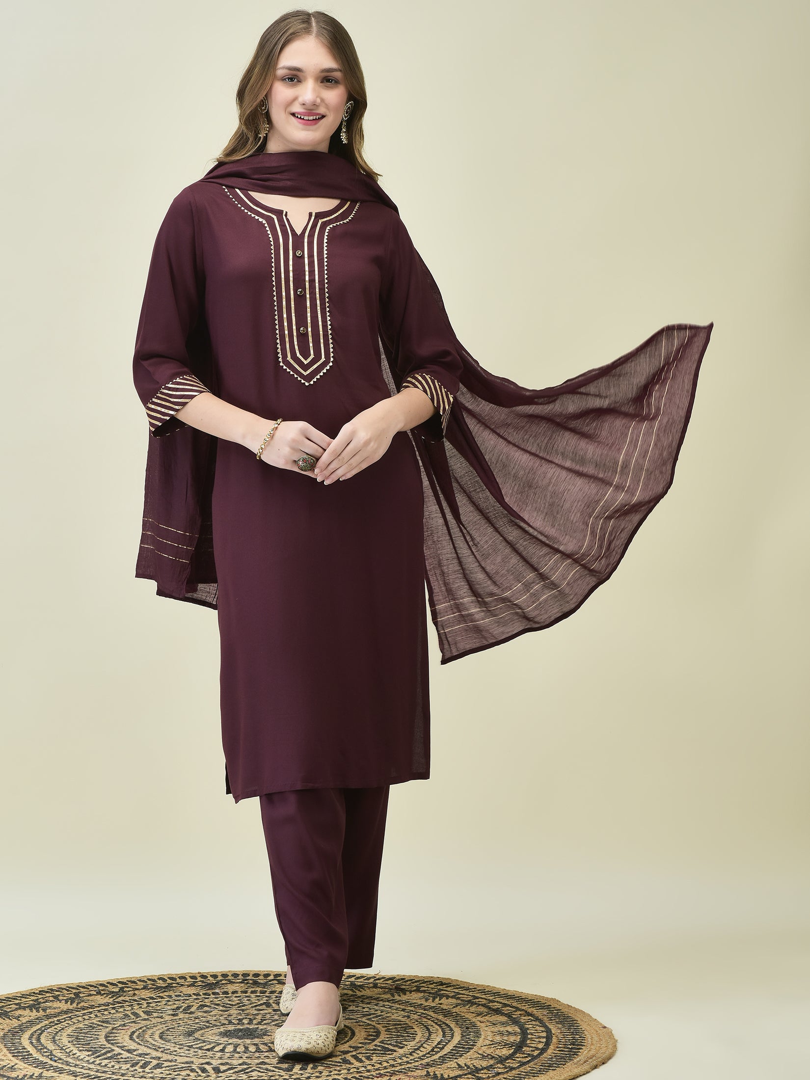 Women Soild Burgundy Kurta Comfort Pant Dupatta