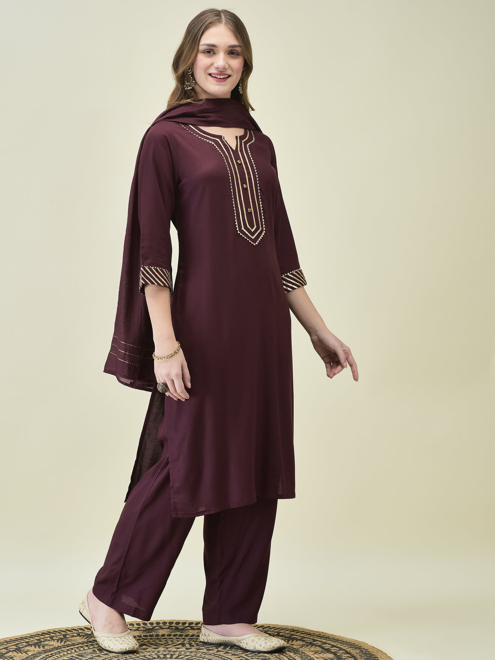 Women Soild Burgundy Kurta Comfort Pant Dupatta