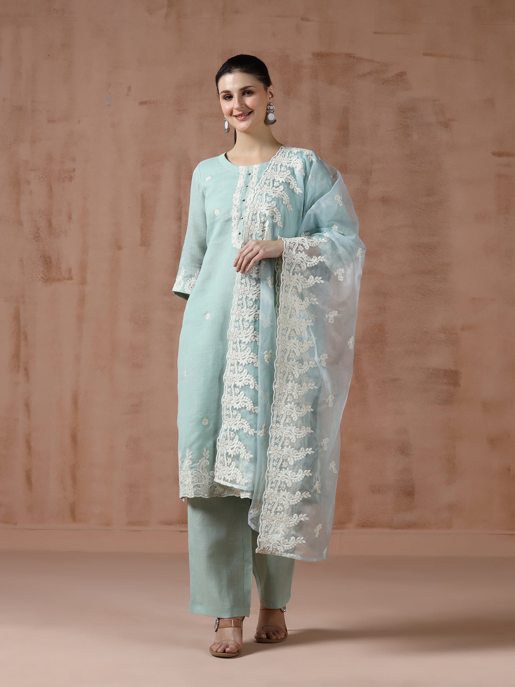 Women Linen Aqua Solid embroidered Kurta Comfort Pant Dupatta