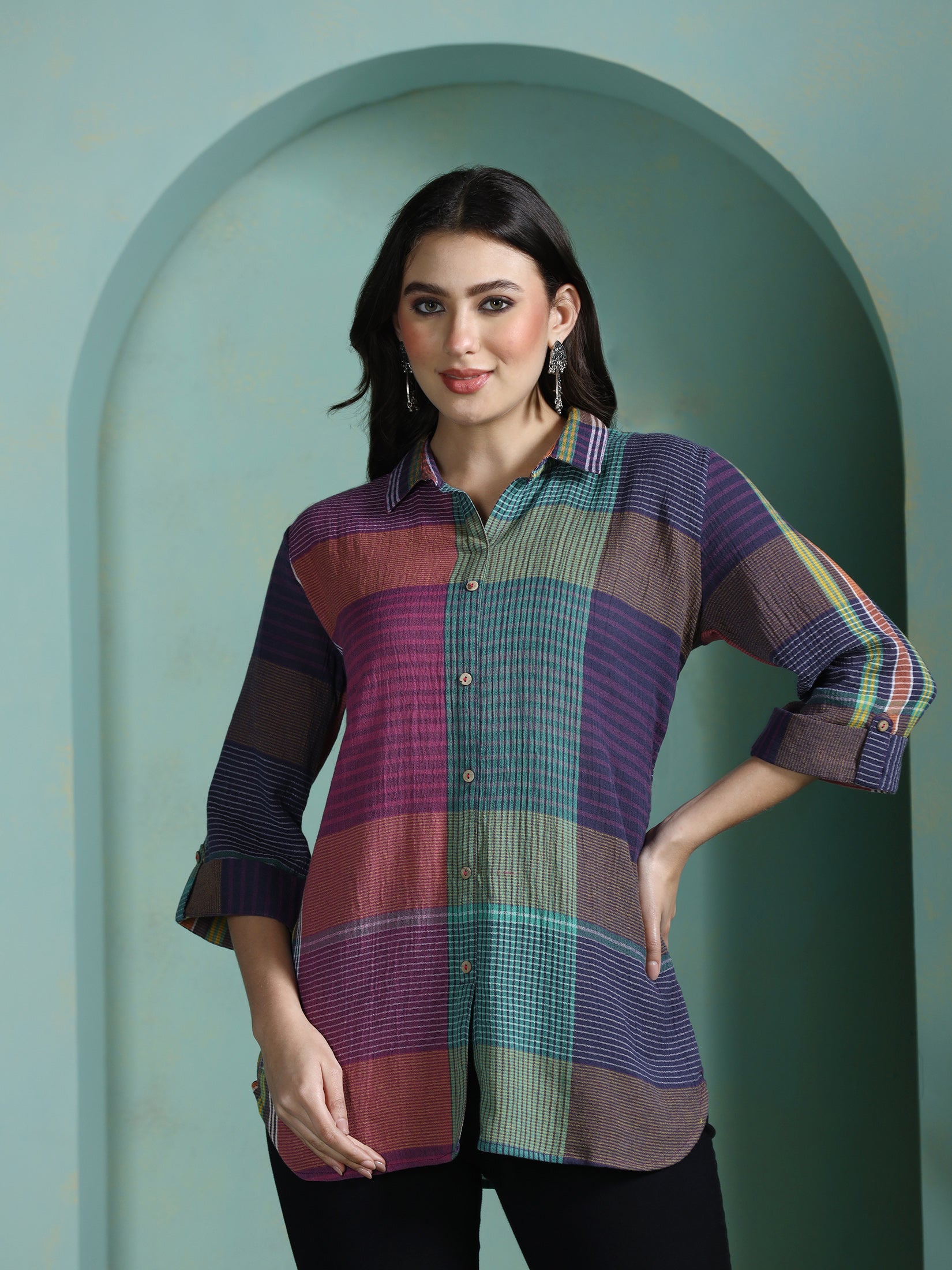 Women Cotton Multicolor Yarn Dyed Tunic