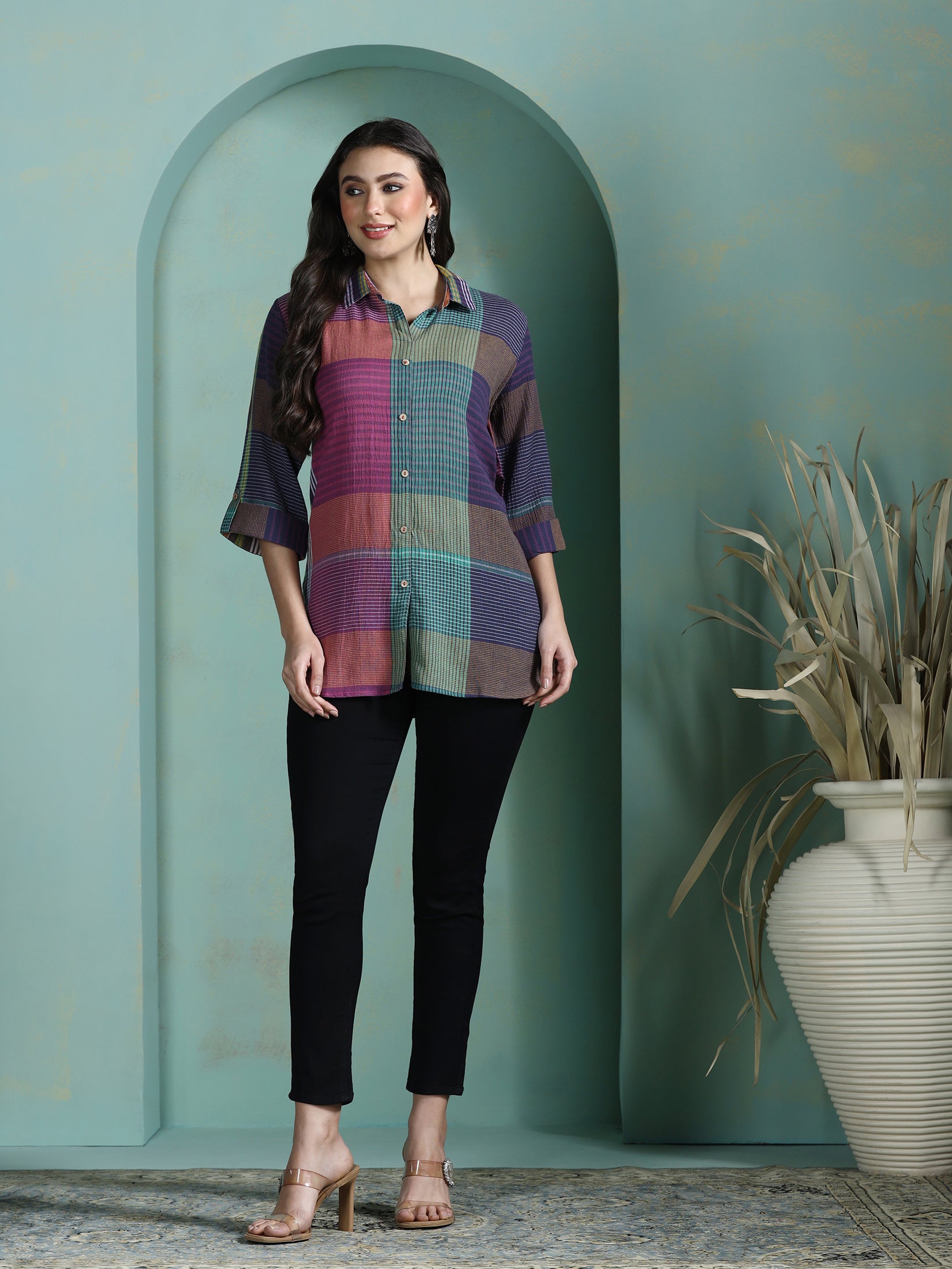 Women Cotton Multicolor Yarn Dyed Tunic