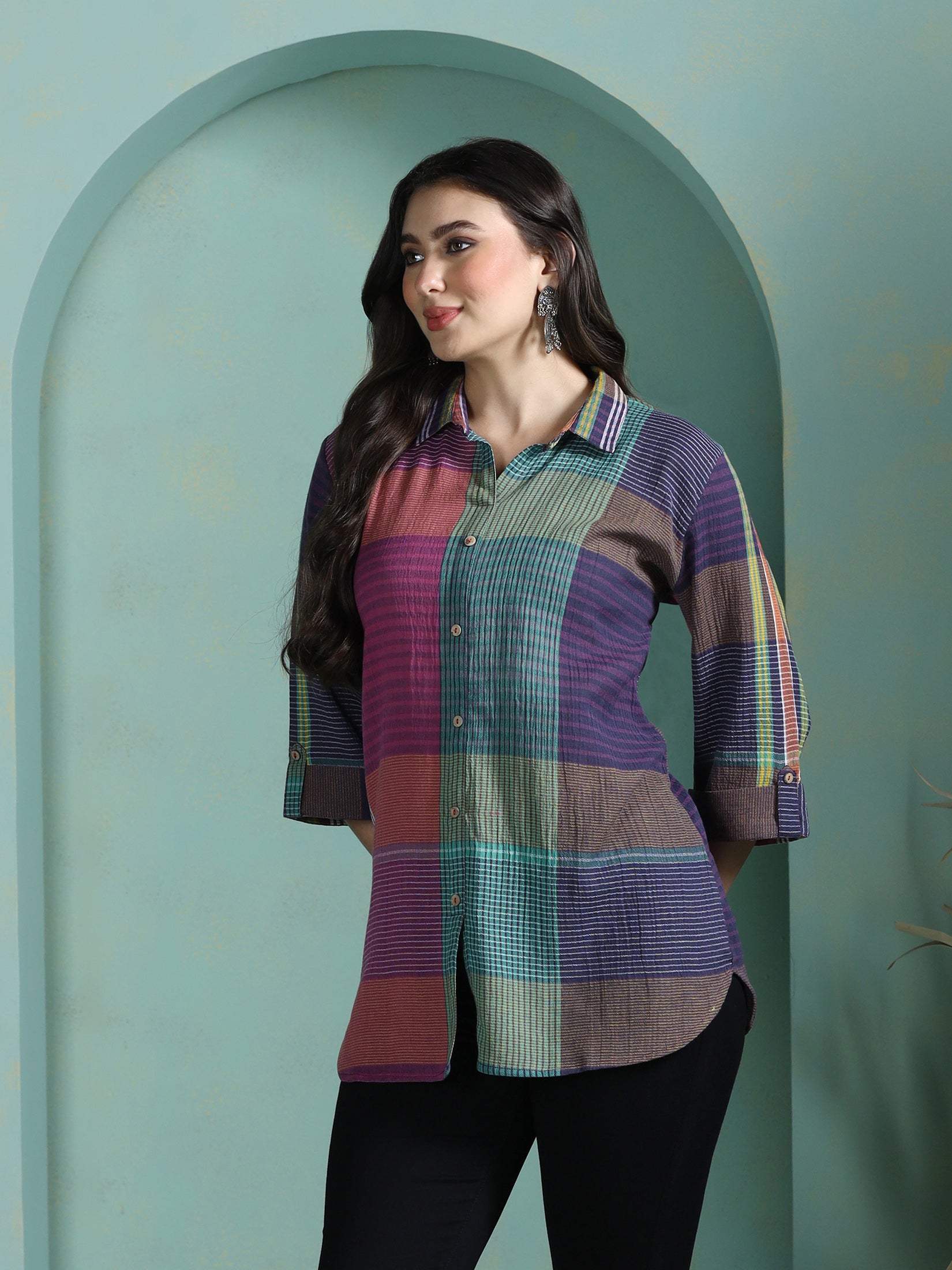 Women Cotton Multicolor Yarn Dyed Tunic