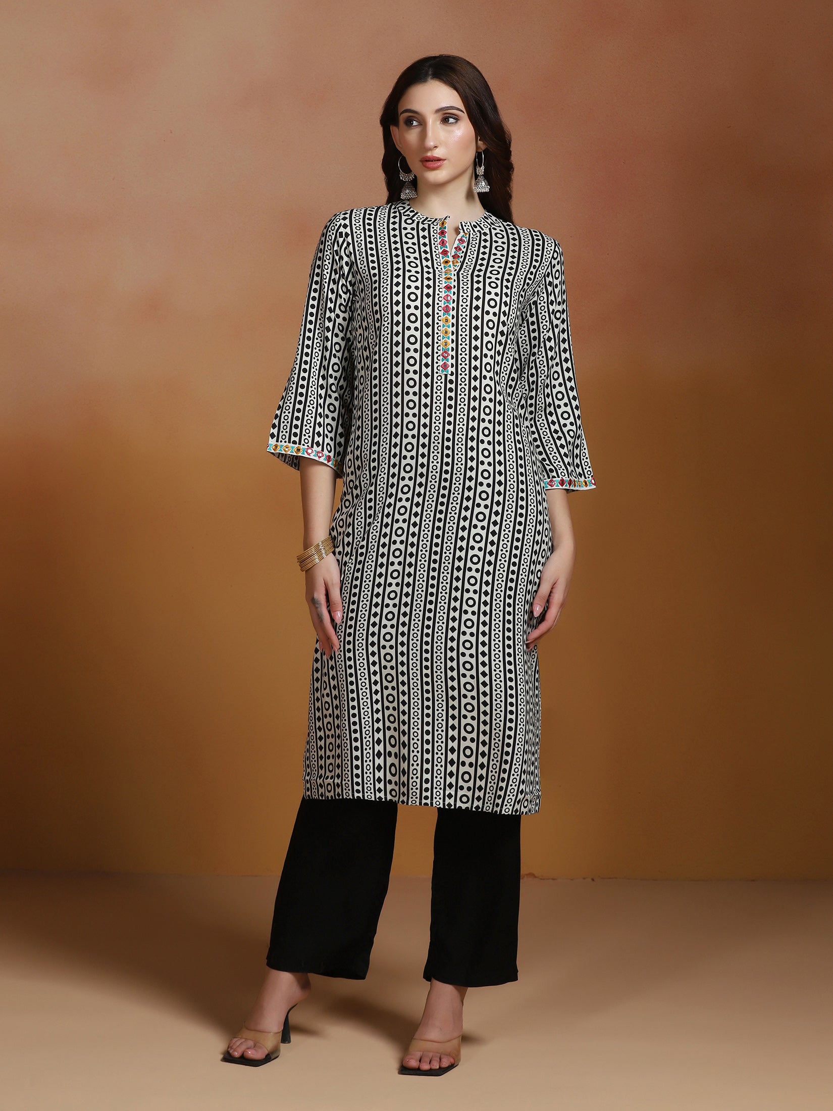 Women Liva Off White and Black Printed Kurta Comfort Pant Dupatta
