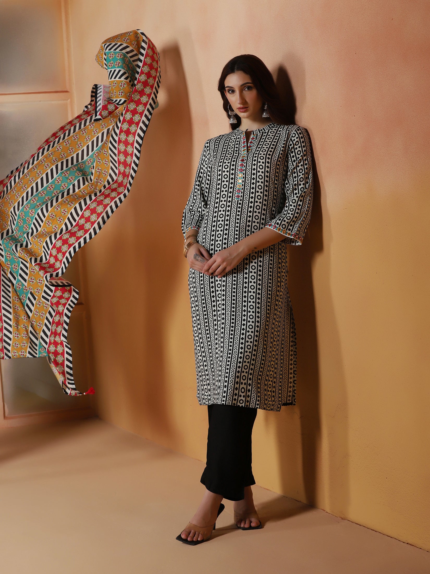 Women Liva Off White and Black Printed Kurta Comfort Pant Dupatta