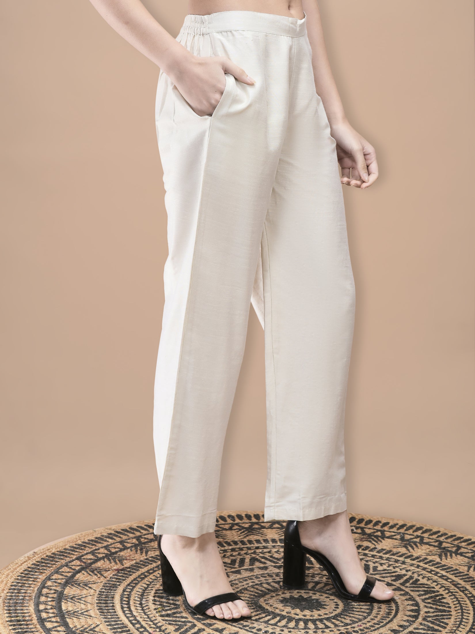 Women Silk Jacquard Beige Solid Kurta Comfort Pant Dupatta