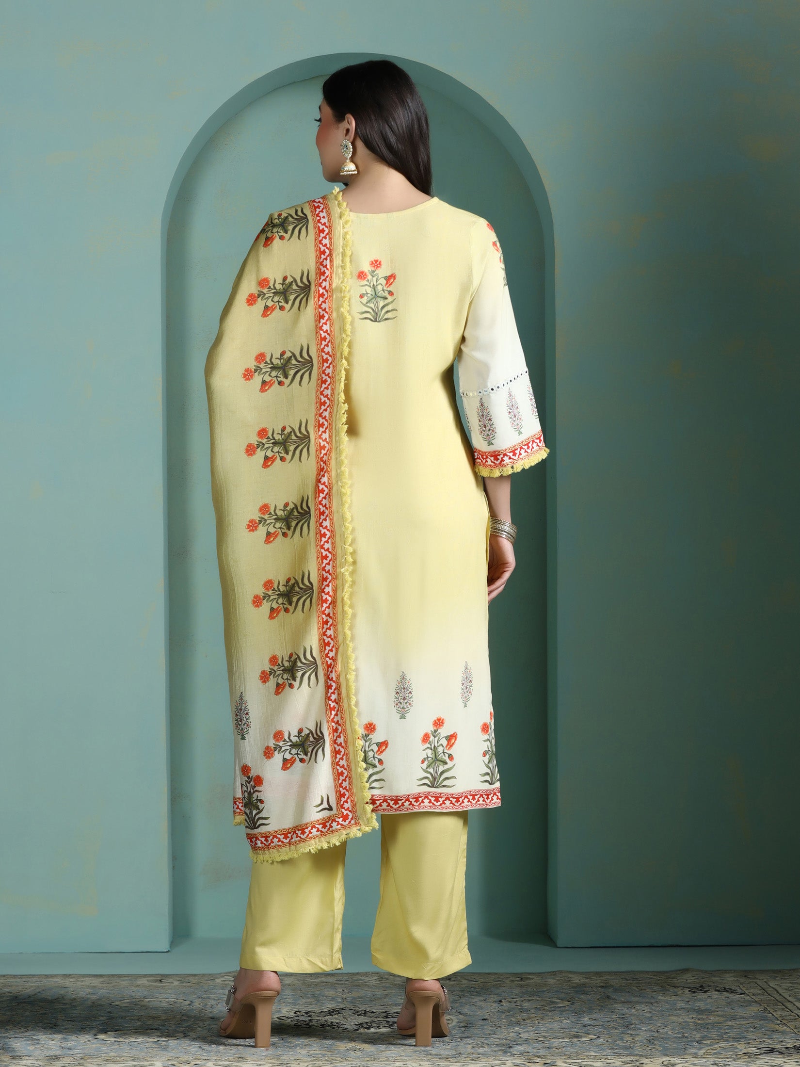 Women Liva Lime Yellow Printed Kurta Comfort Pant Dupatta