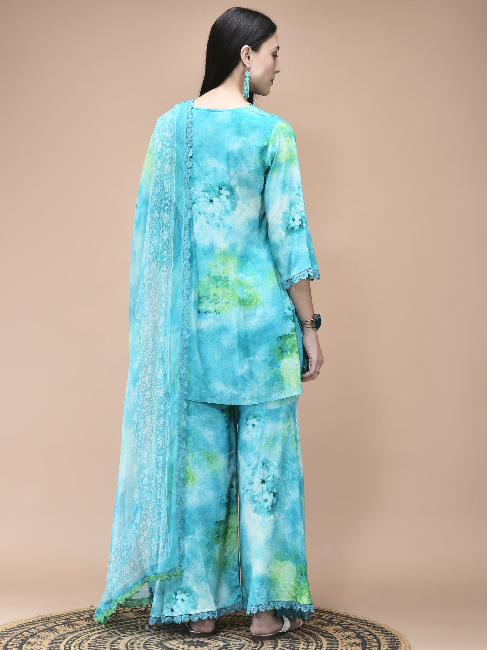 Women Liva Aqua Blue Abstract Print Kurta Sharara Dupatta