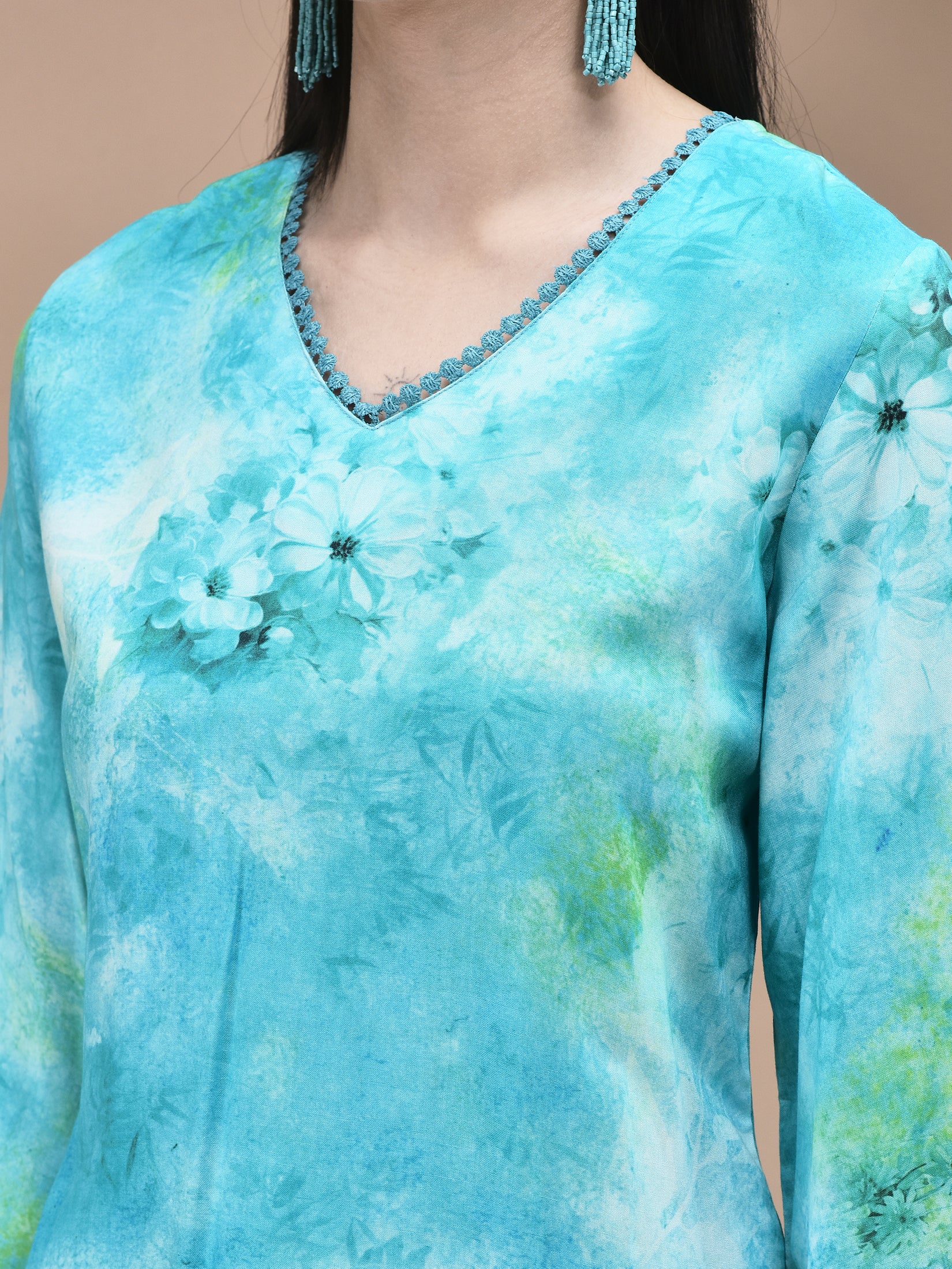 Women Liva Aqua Blue Abstract Print Kurta Sharara Dupatta