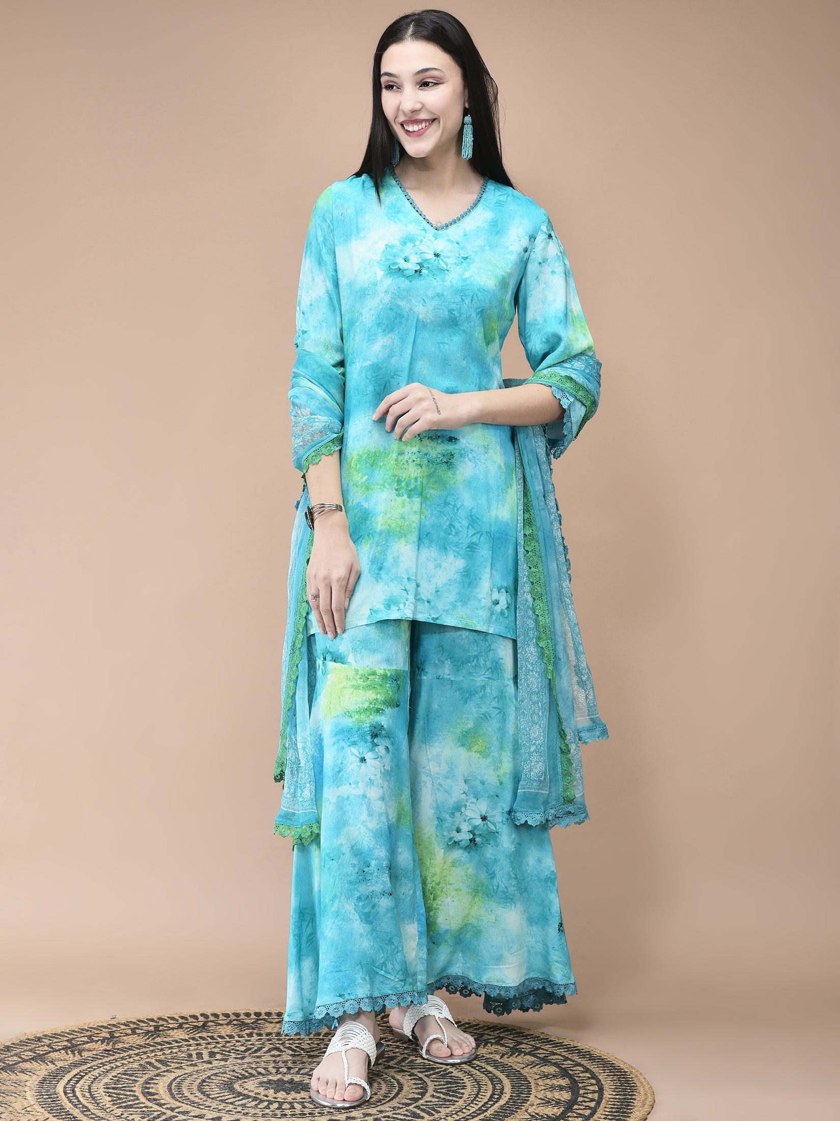 Women Liva Aqua Blue Abstract Print Kurta Sharara Dupatta