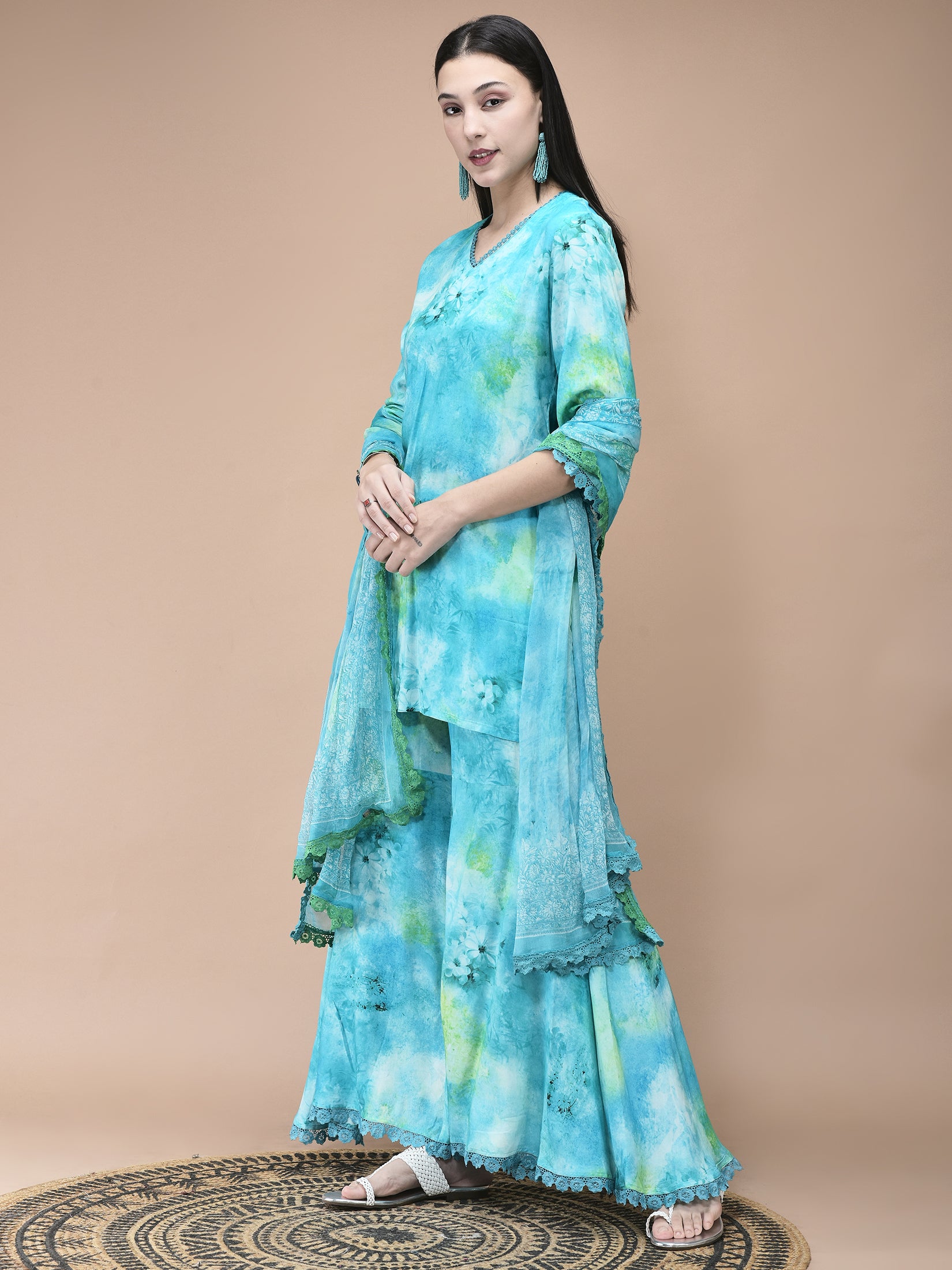 Women Liva Aqua Blue Abstract Print Kurta Sharara Dupatta
