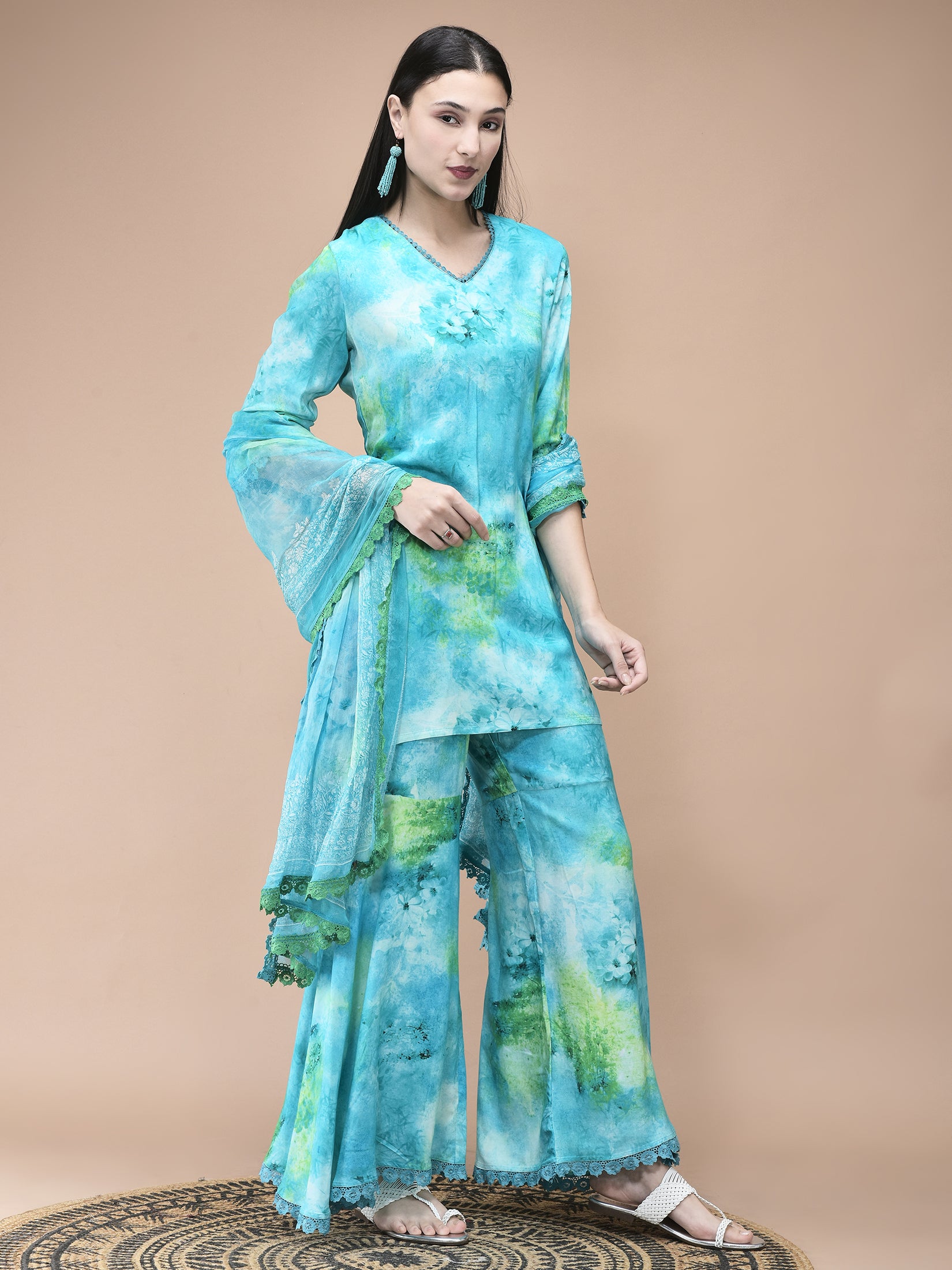 Women Liva Aqua Blue Abstract Print Kurta Sharara Dupatta