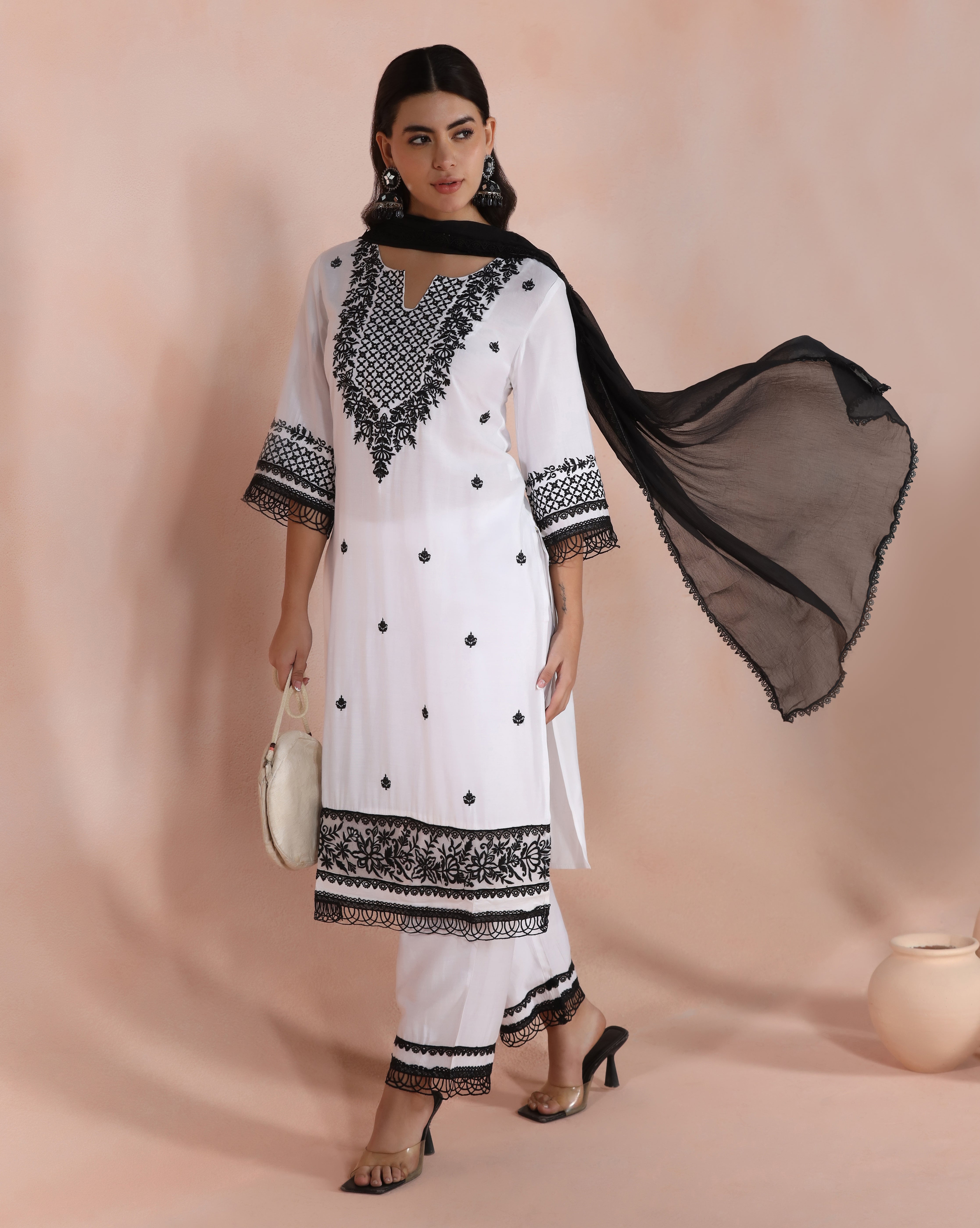 Women Liva Viscose Off White Embroidered Kurta Comfort Pant Dupatta