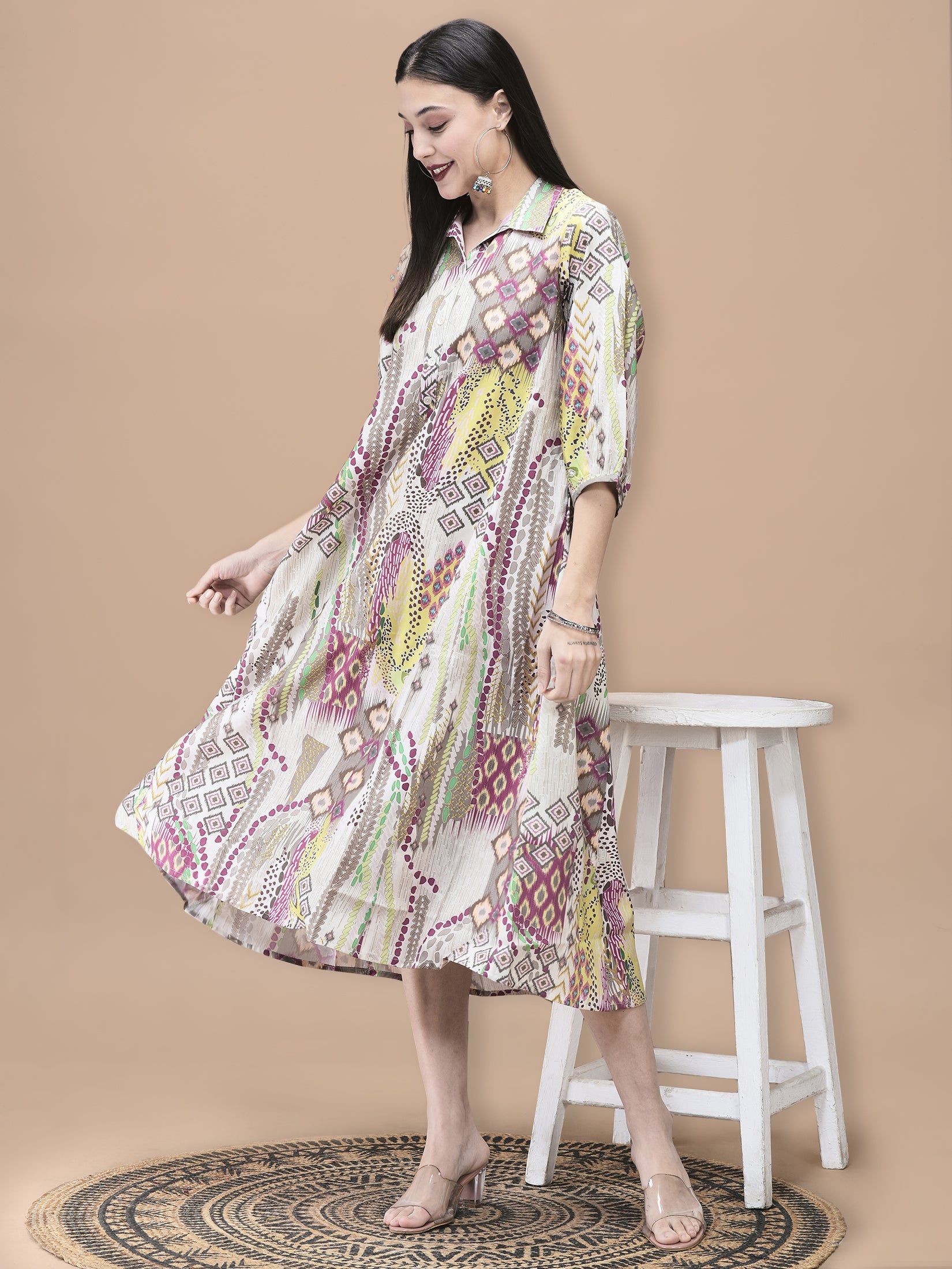 Women Chanderi Grey Ikat Print Dress