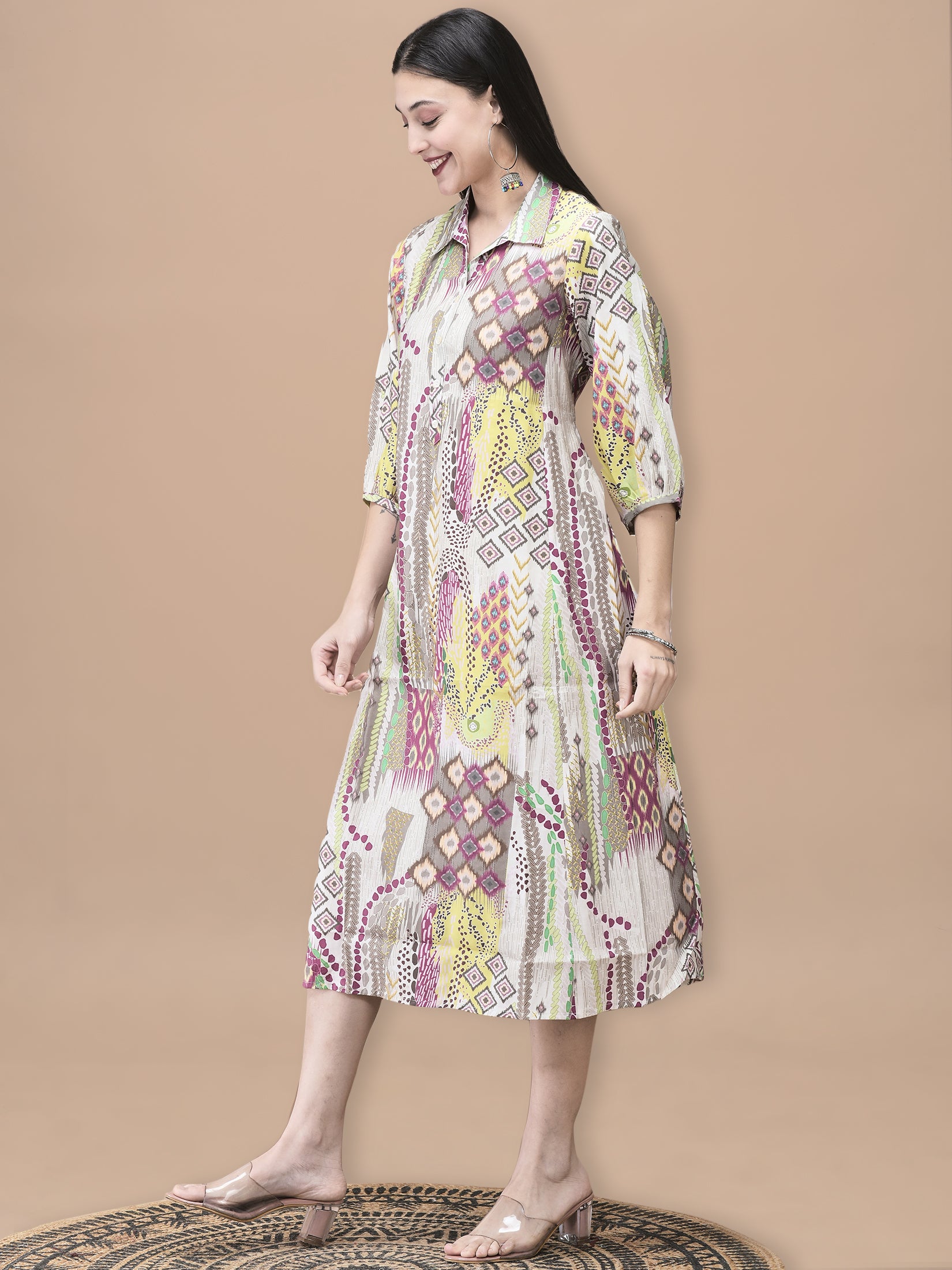 Women Chanderi Grey Ikat Print Dress