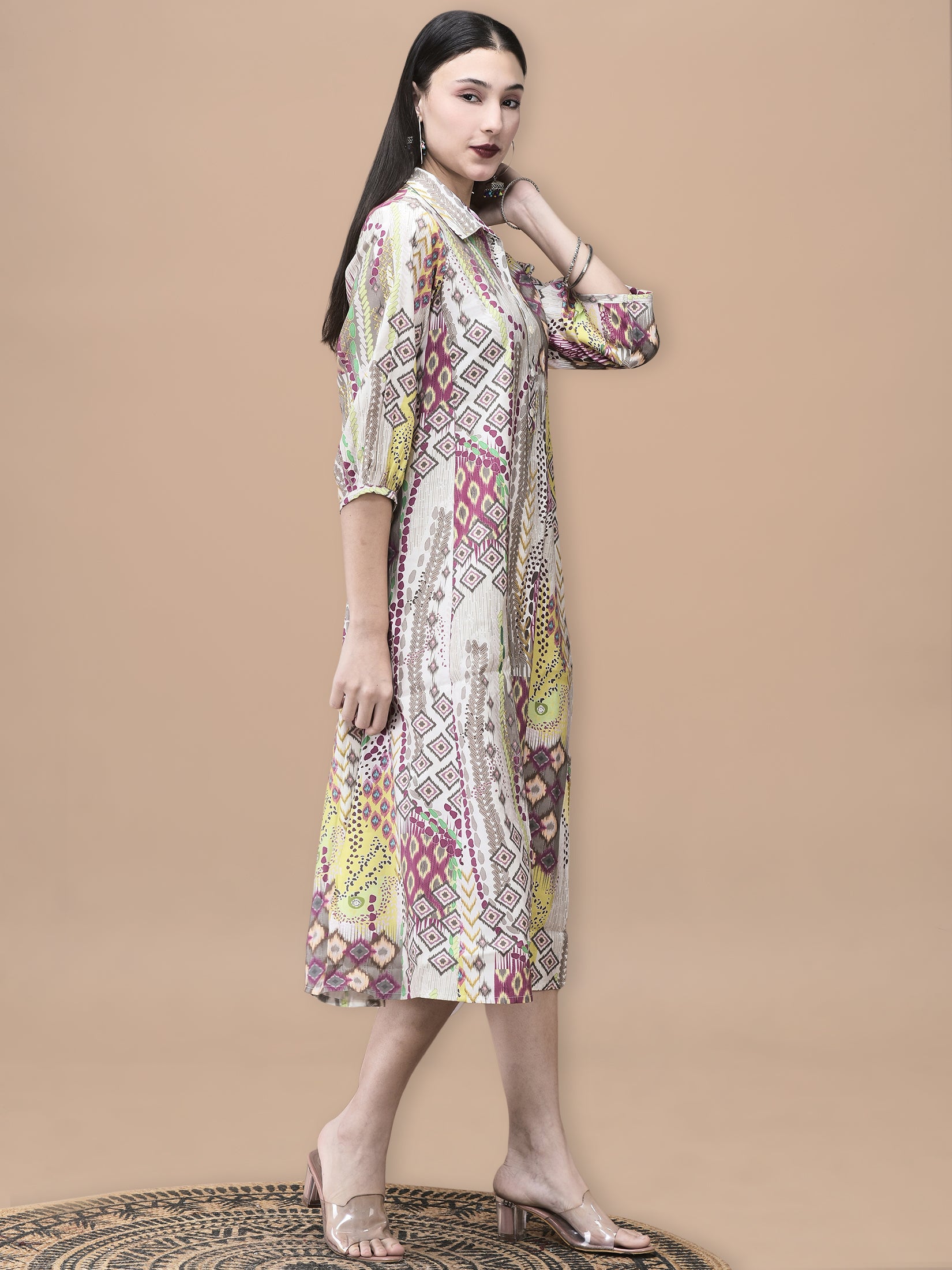 Women Chanderi Grey Ikat Print Dress