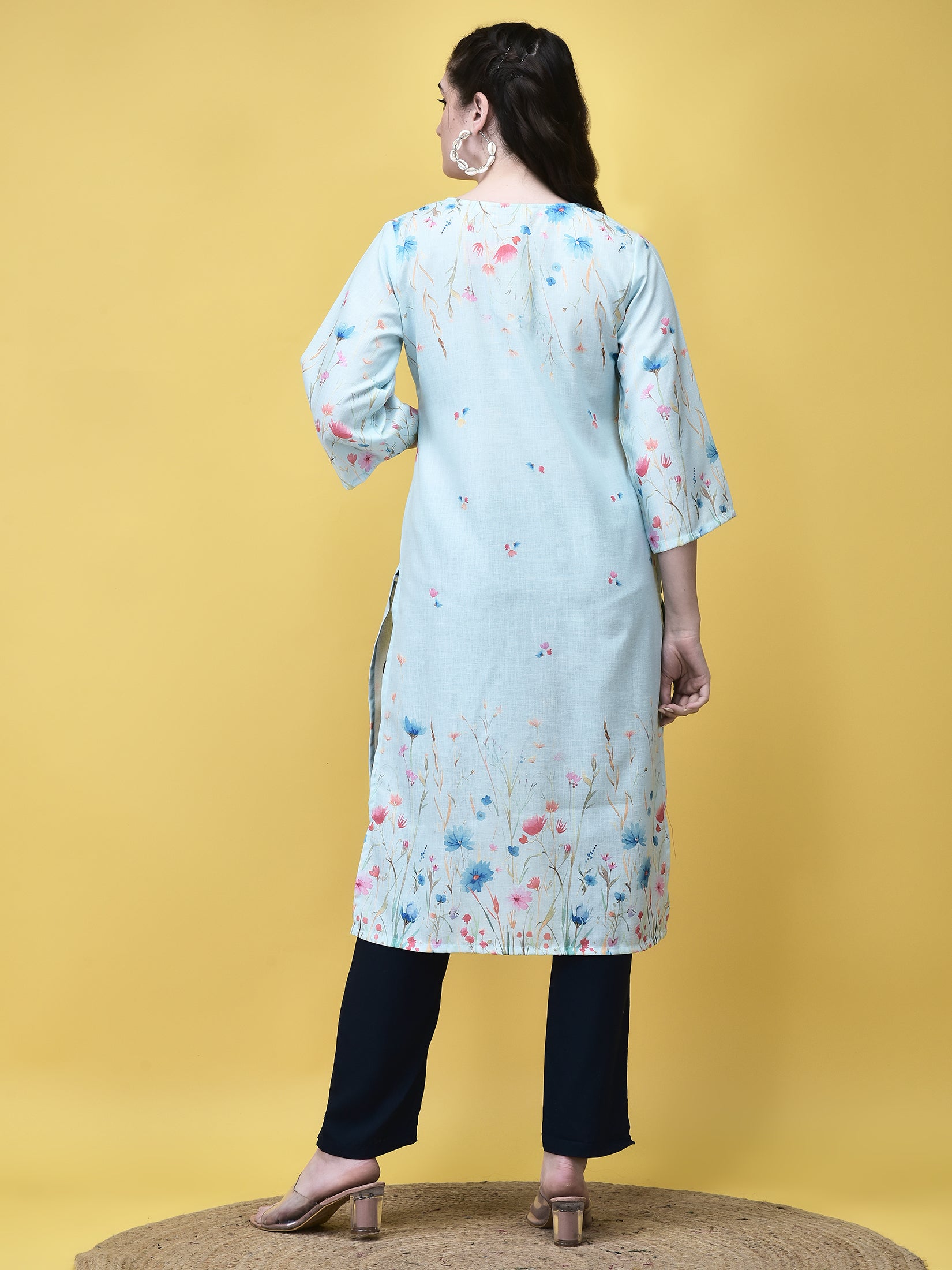 Women Linen Sky Blue Floral Print Kurta