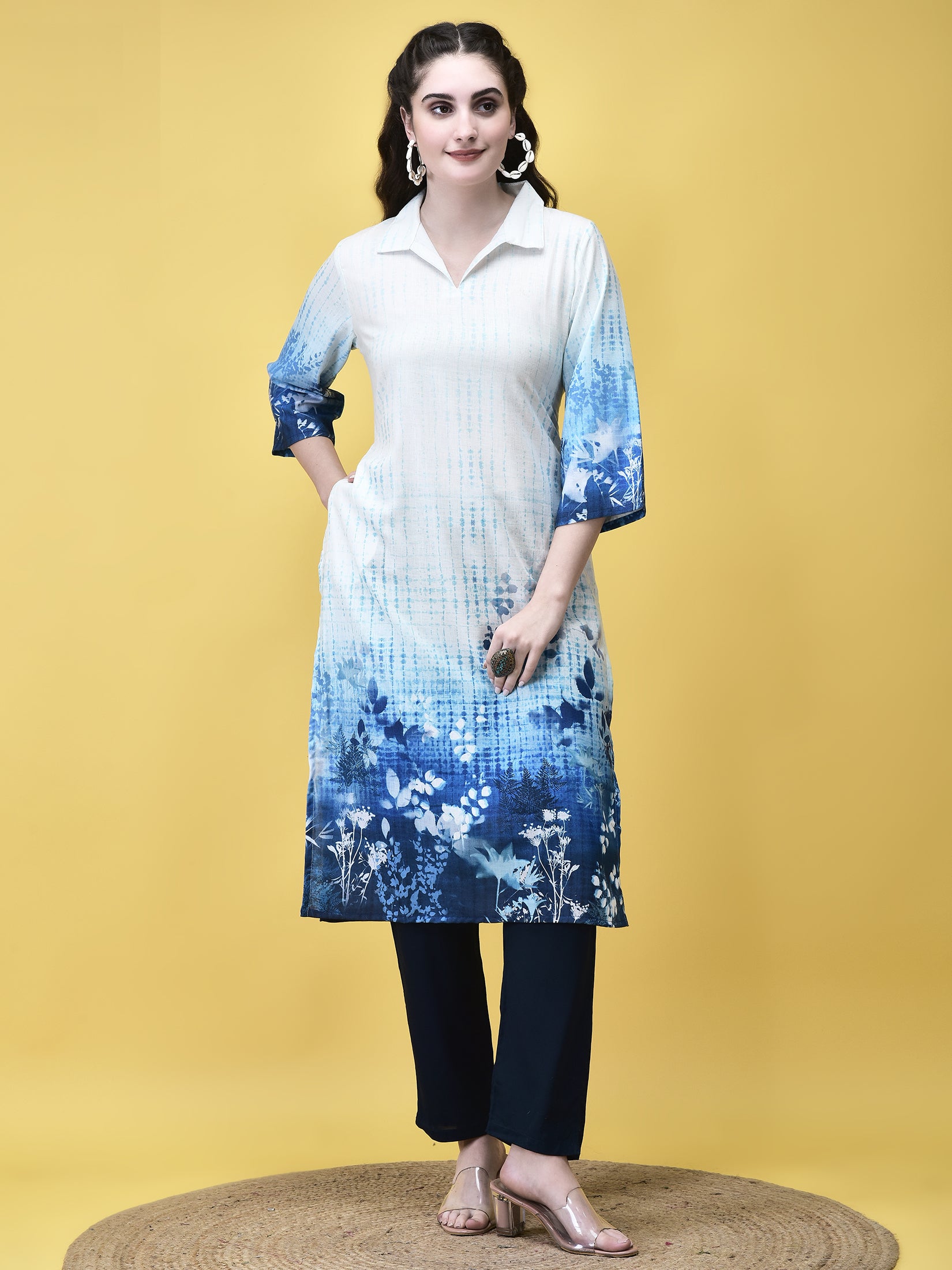 Women Linen Off White Floral Print Kurta