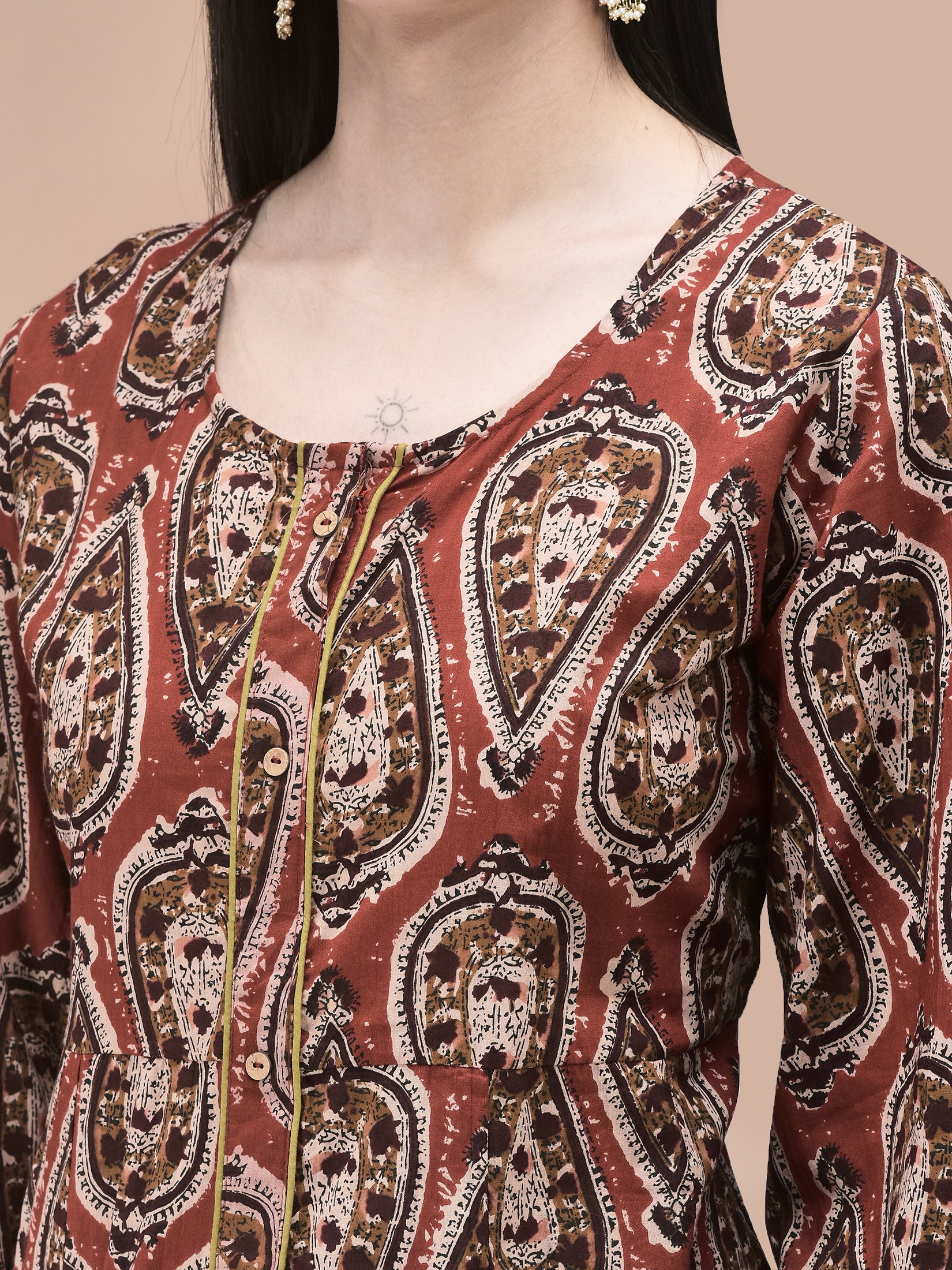 Women Cotton Rust Geometric Print Kurta Comfort Pant Dupatta