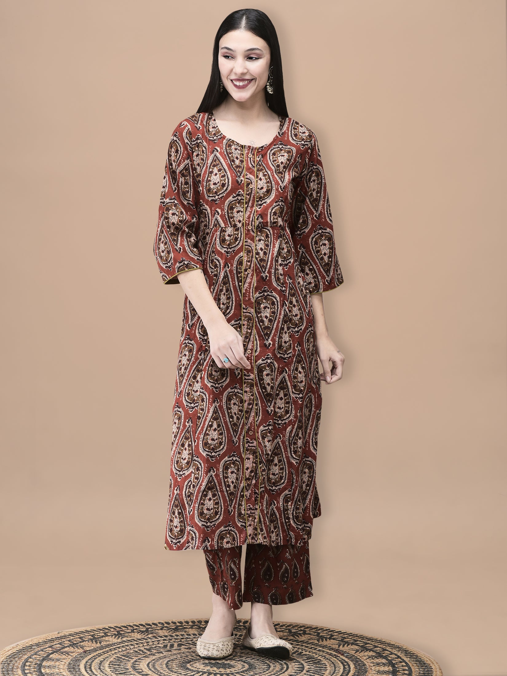 Women Cotton Rust Geometric Print Kurta Comfort Pant Dupatta