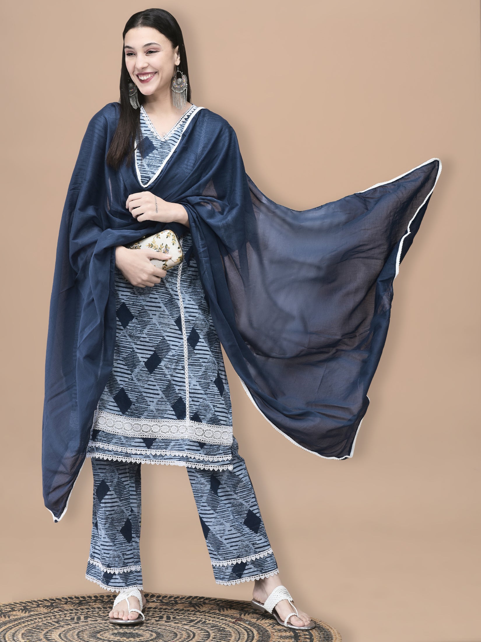 Women Cotton Blue Geometric Print Kurta Comfort Pant Dupatta