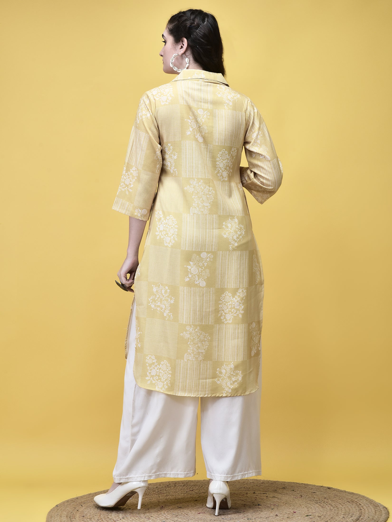 Women Linen Lime Green Ornamental Print Kurta