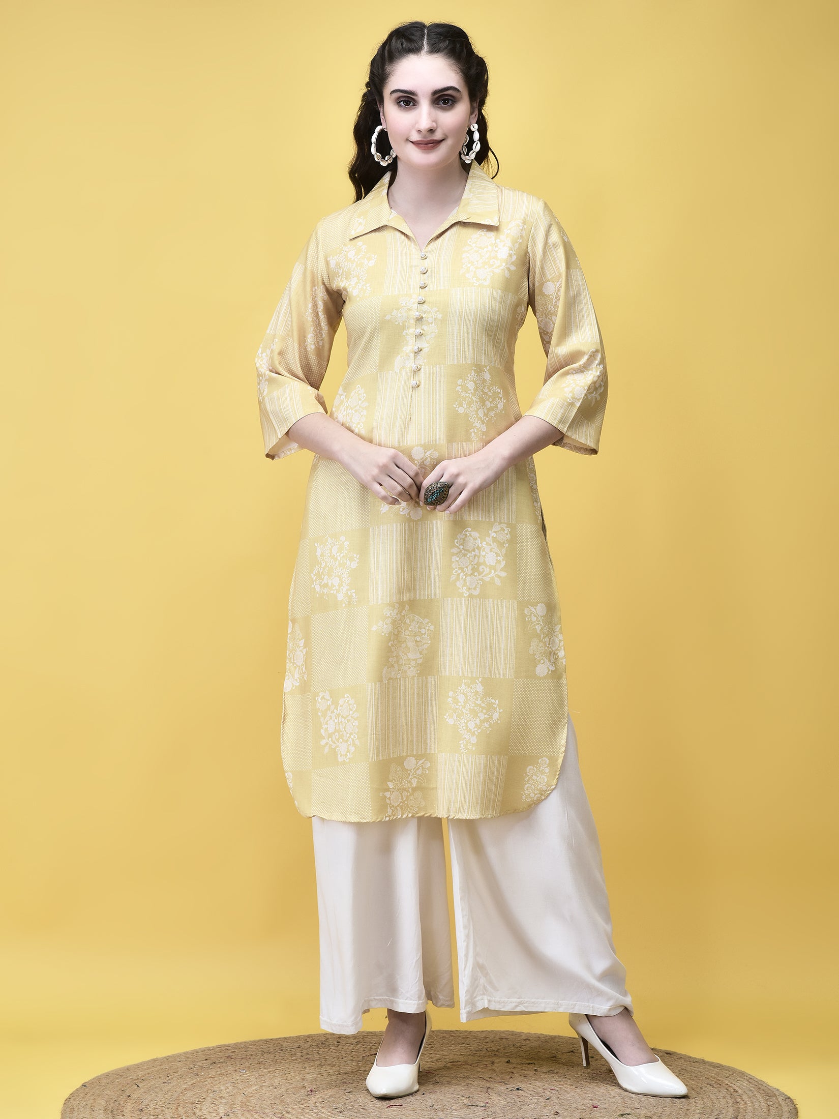 Women Linen Lime Green Ornamental Print Kurta