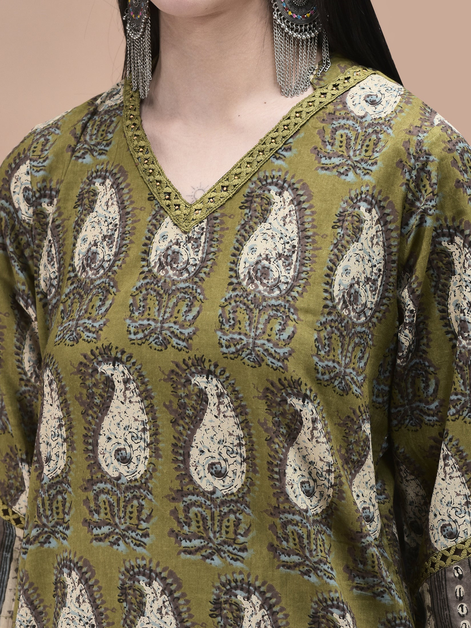 Women Cotton Olive Paisley Print Kurta Comfort Pant Dupatta
