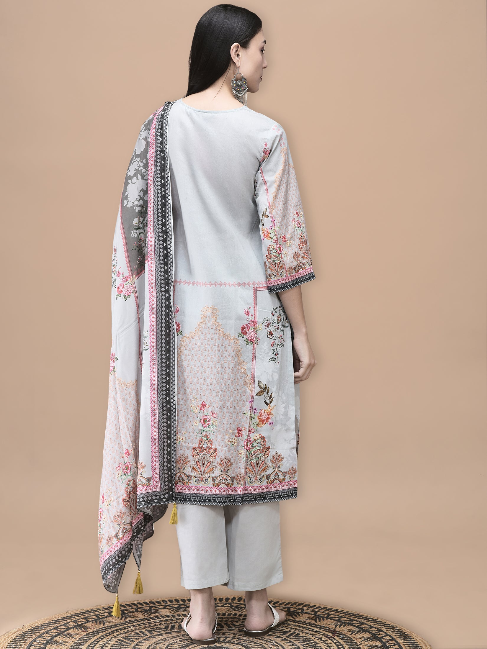 Women Cotton Grey Floral Print Kurta Comfort Pant Dupatta
