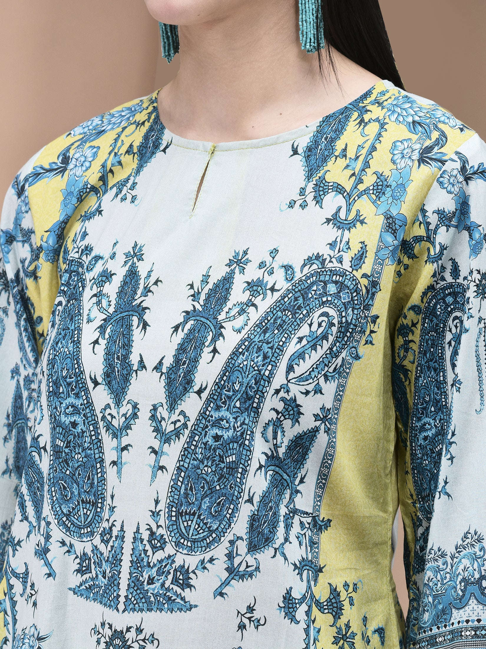 Women Cotton Blue Floral Print Kurta Comfort Pant Dupatta