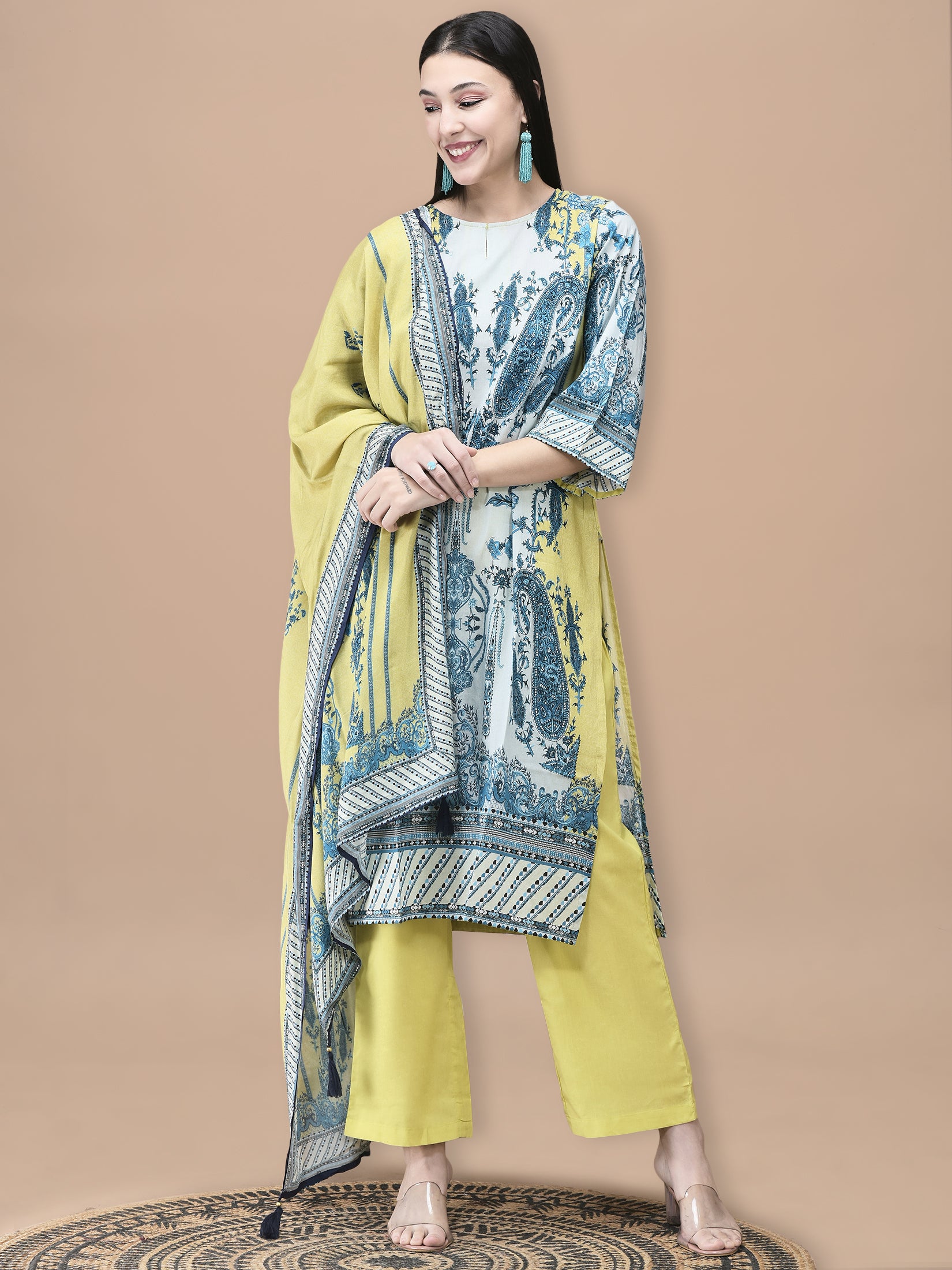 Women Cotton Blue Floral Print Kurta Comfort Pant Dupatta