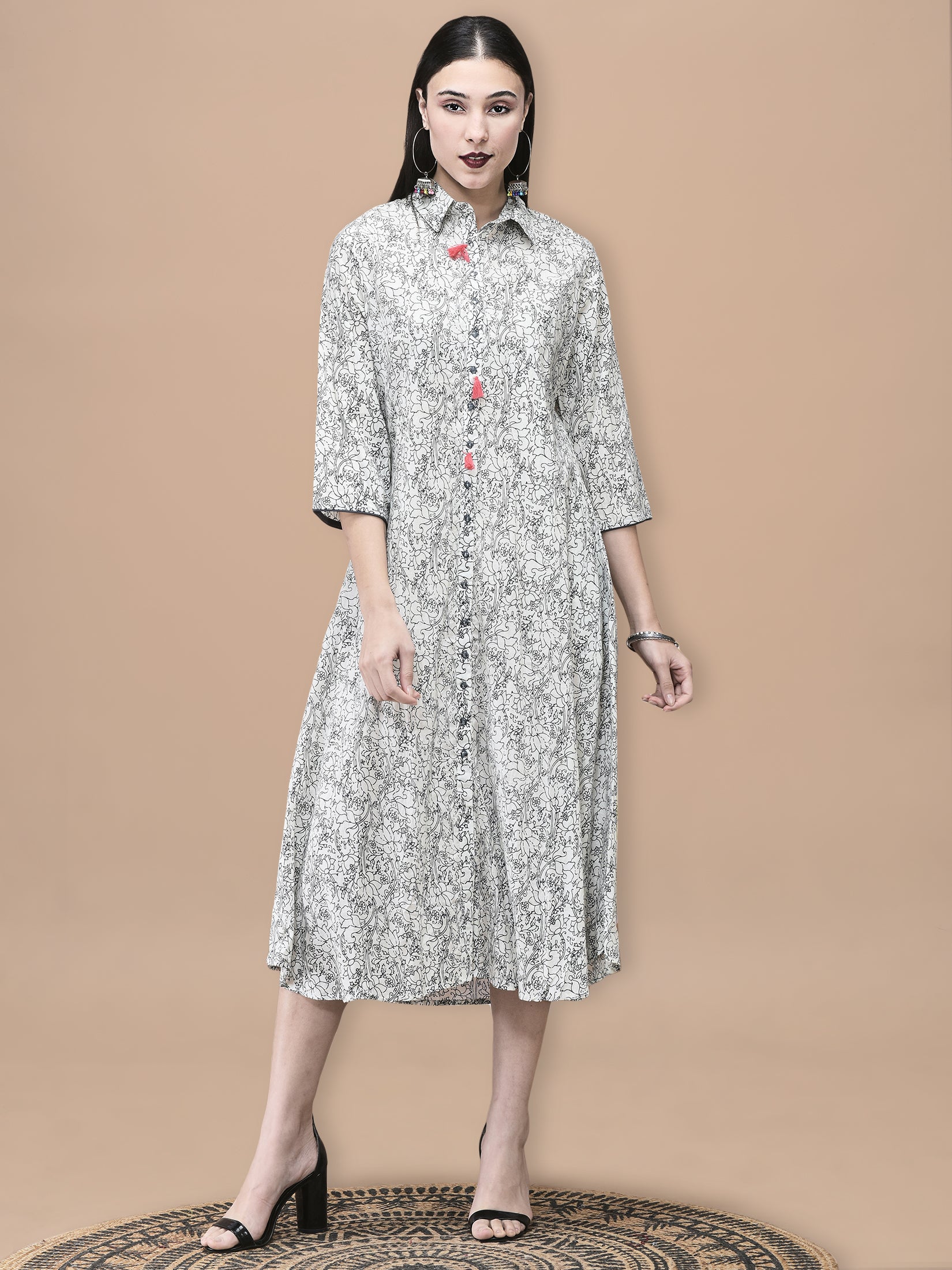 Women Cotton Off White and Blue Floral Print Dress