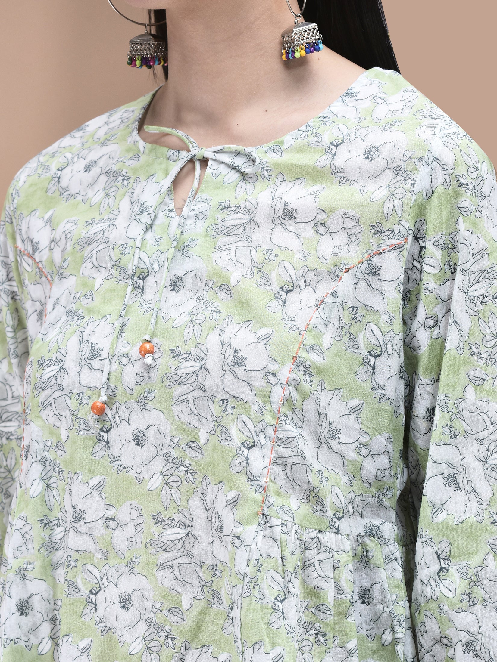 Women Cotton Green Floral Print Tunic