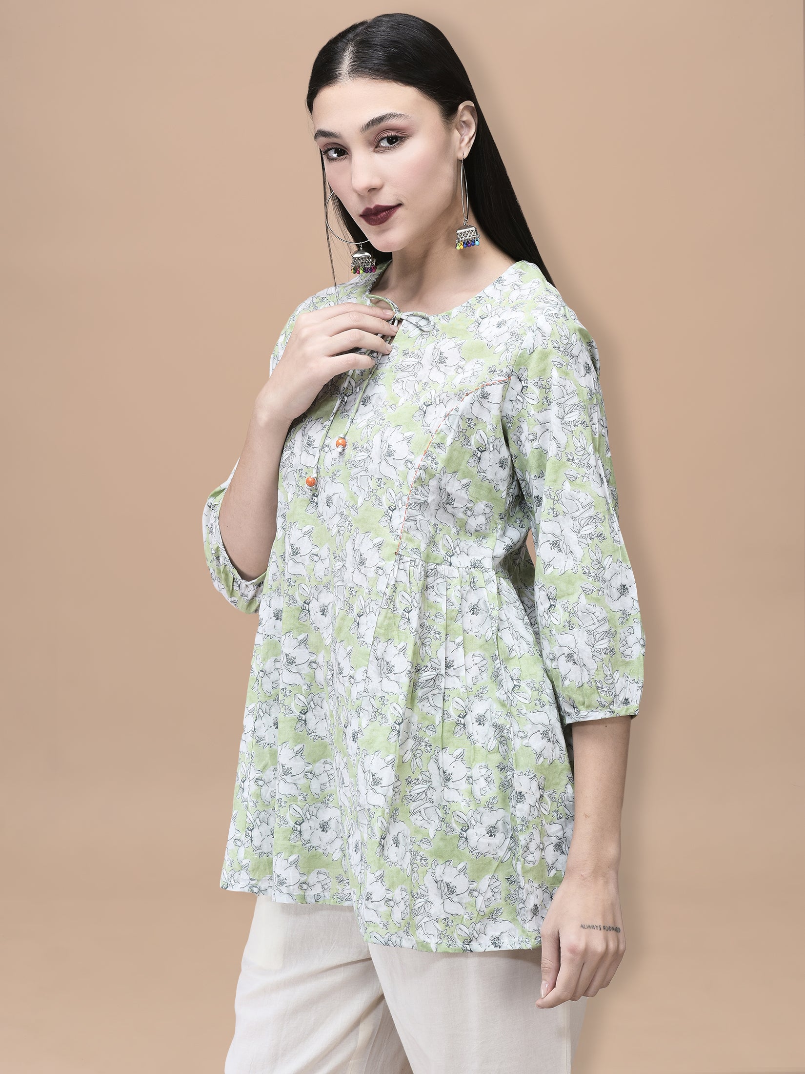 Women Cotton Green Floral Print Tunic