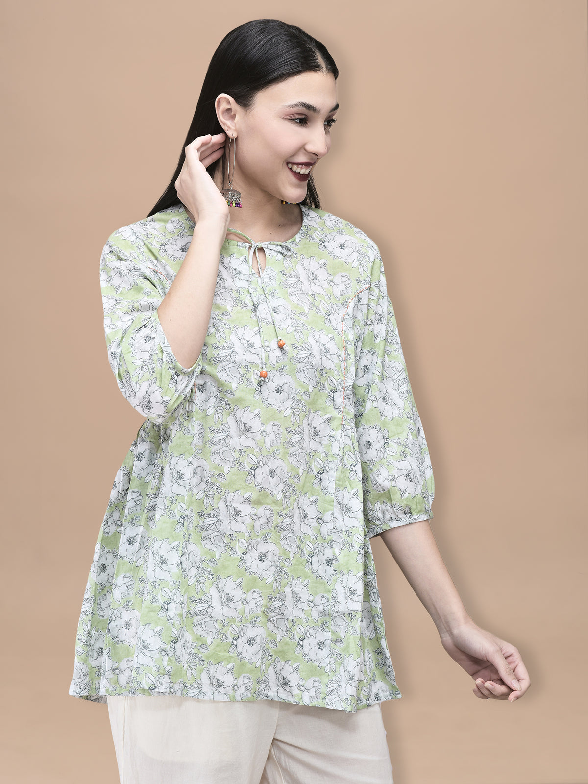 Women Cotton Green Floral Print Tunic