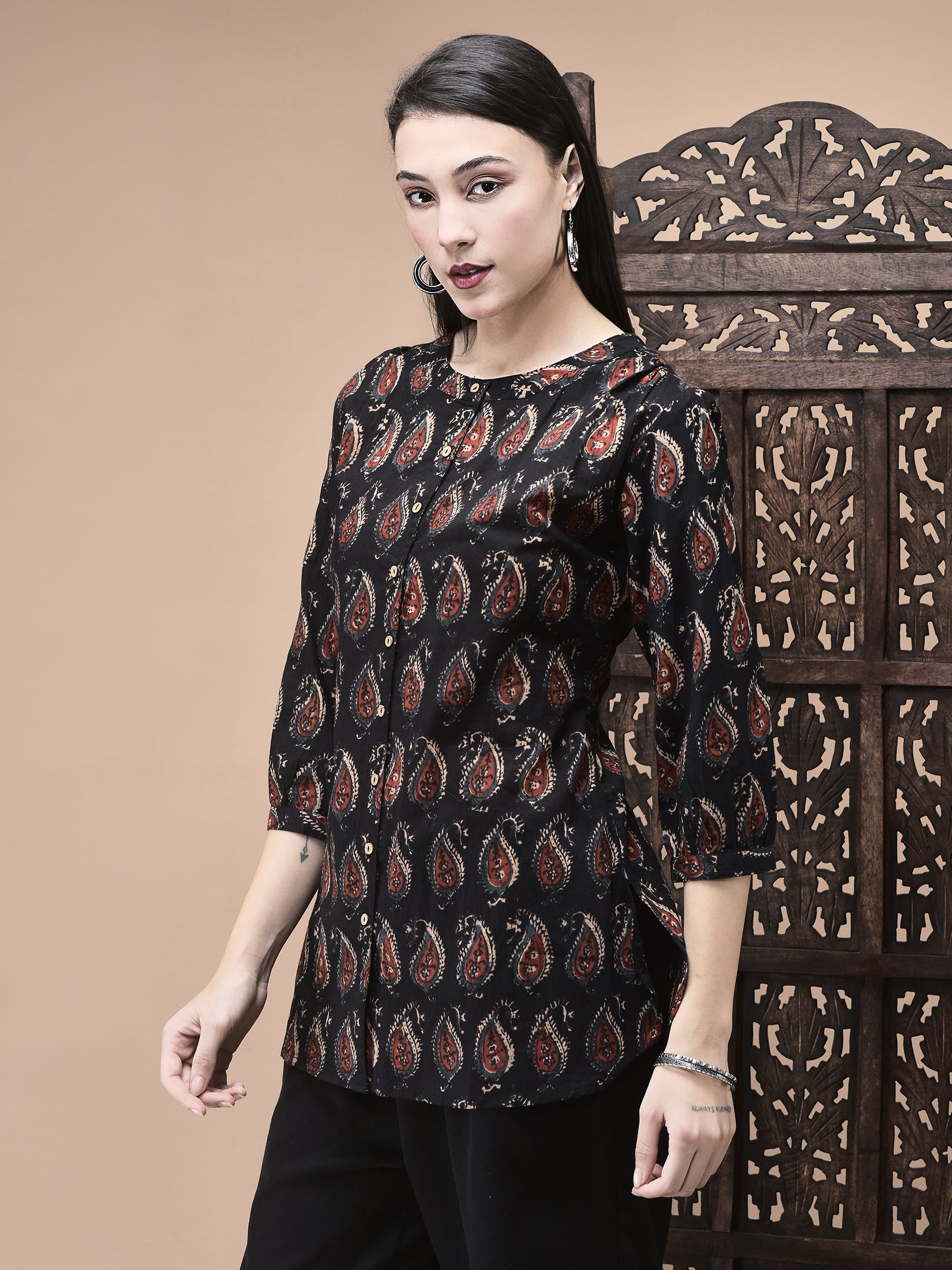 Women Cotton Black Jaipur Motifs Print Tunic