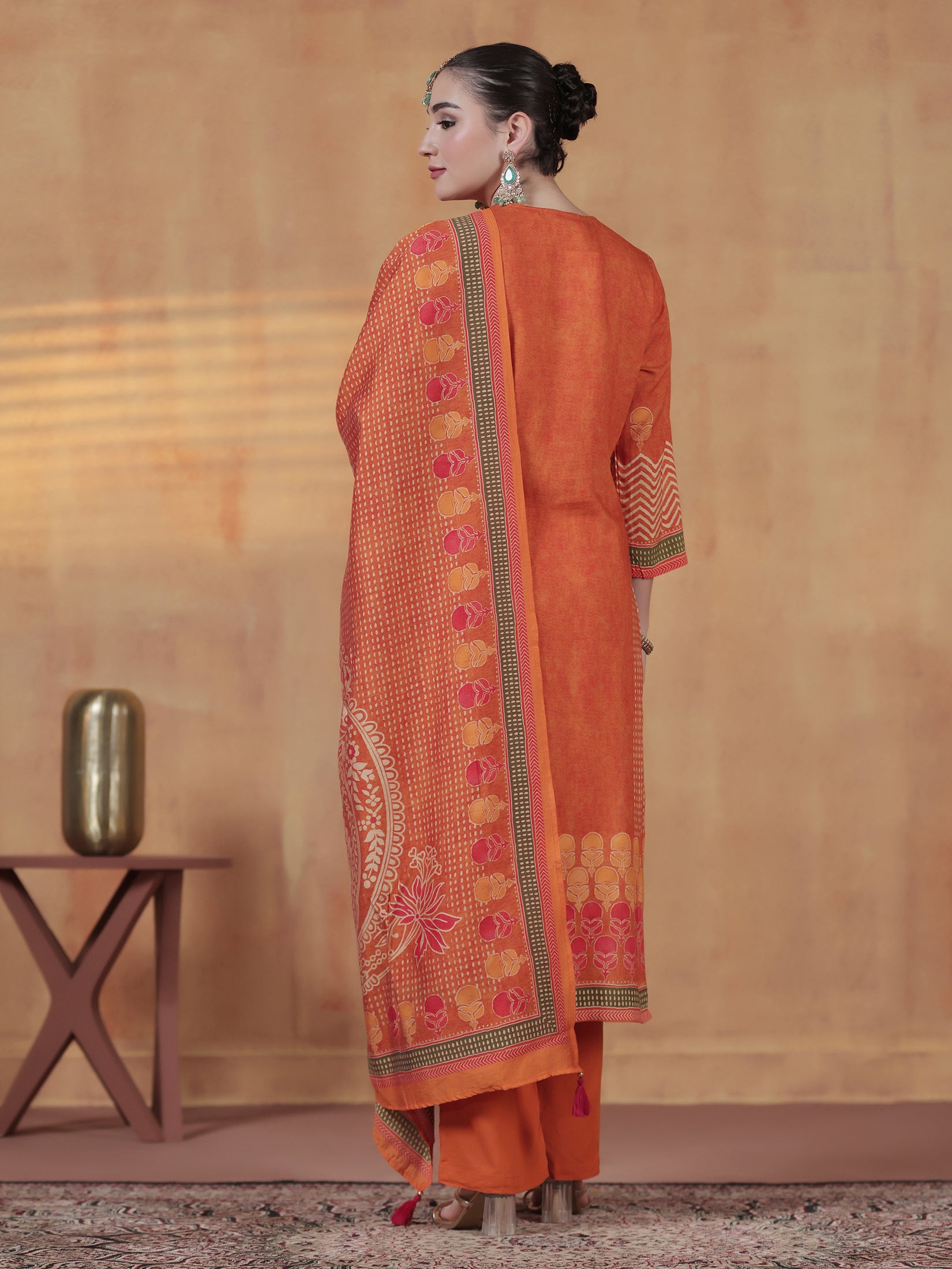 Women Liva Orange Ornamental Print Kurta Comfort Pant Dupatta