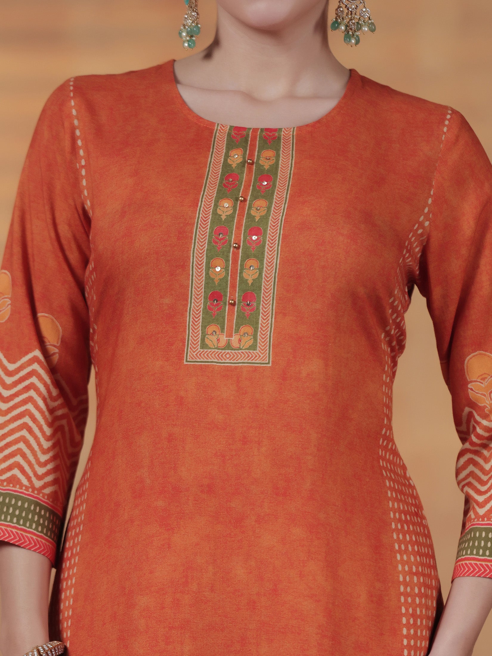 Women Liva Orange Ornamental Print Kurta Comfort Pant Dupatta