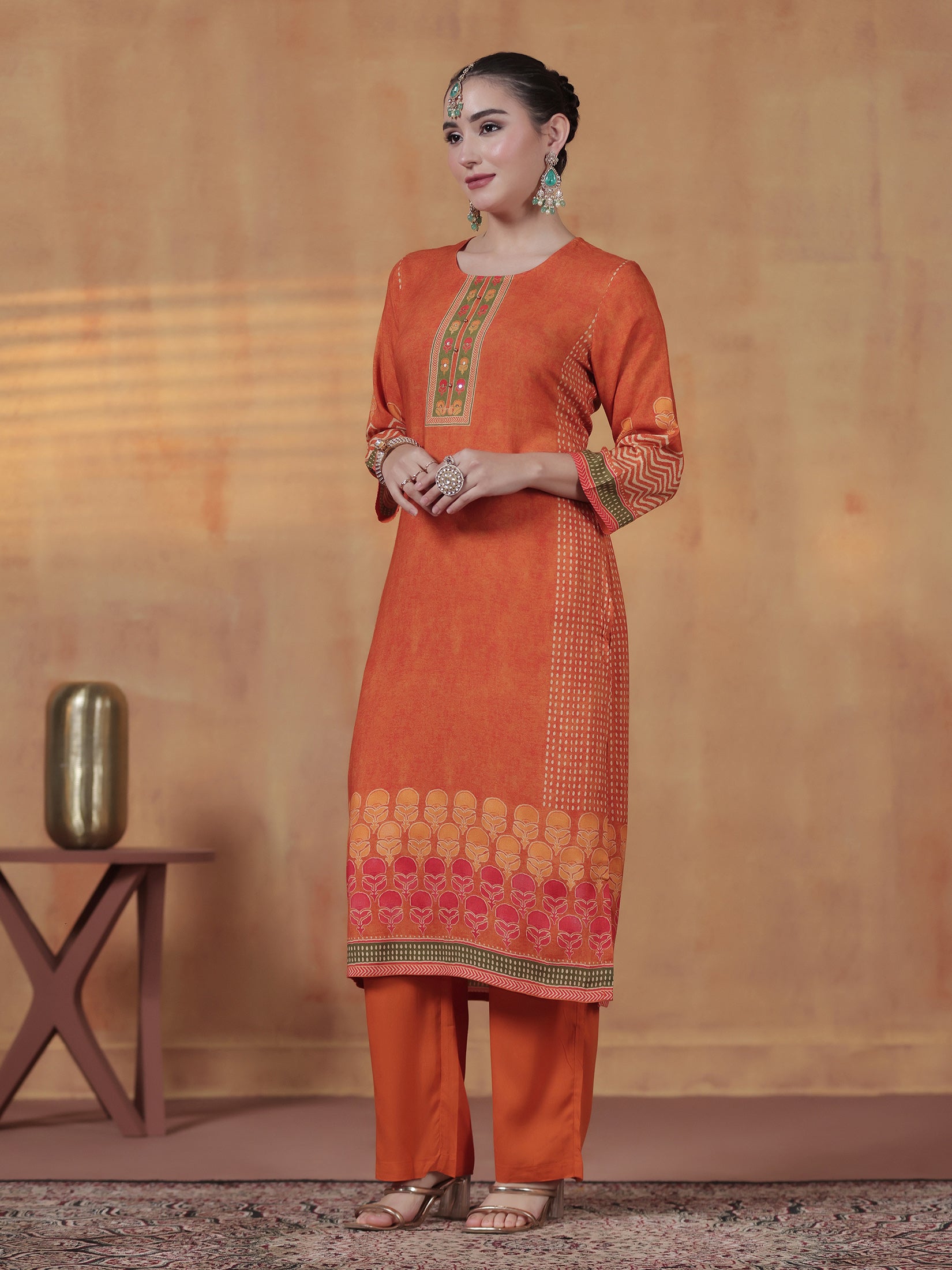Women Liva Orange Ornamental Print Kurta Comfort Pant Dupatta