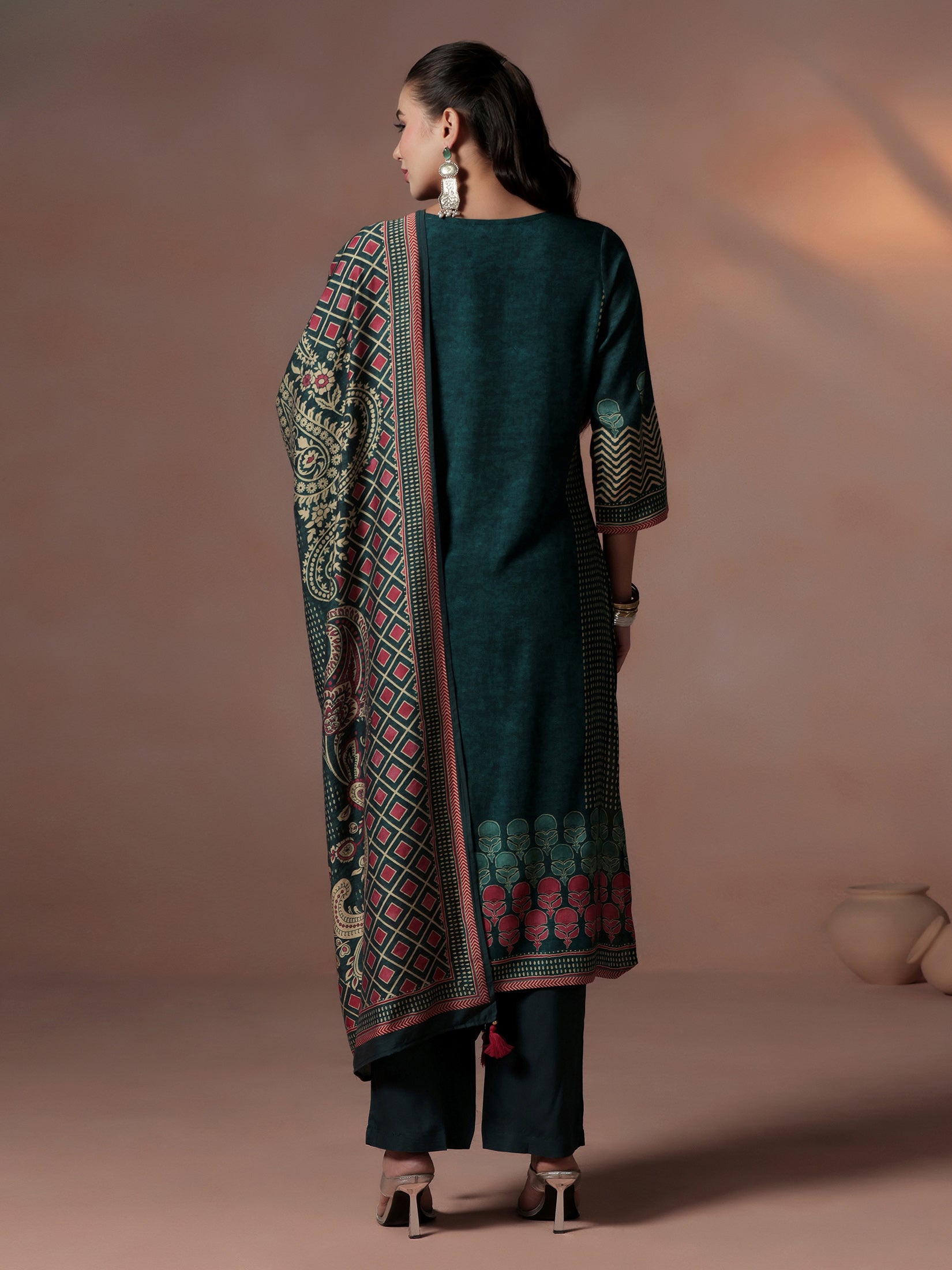 Women Liva Peacock Blue Ornamental Print Kurta Comfort Pant Dupatta