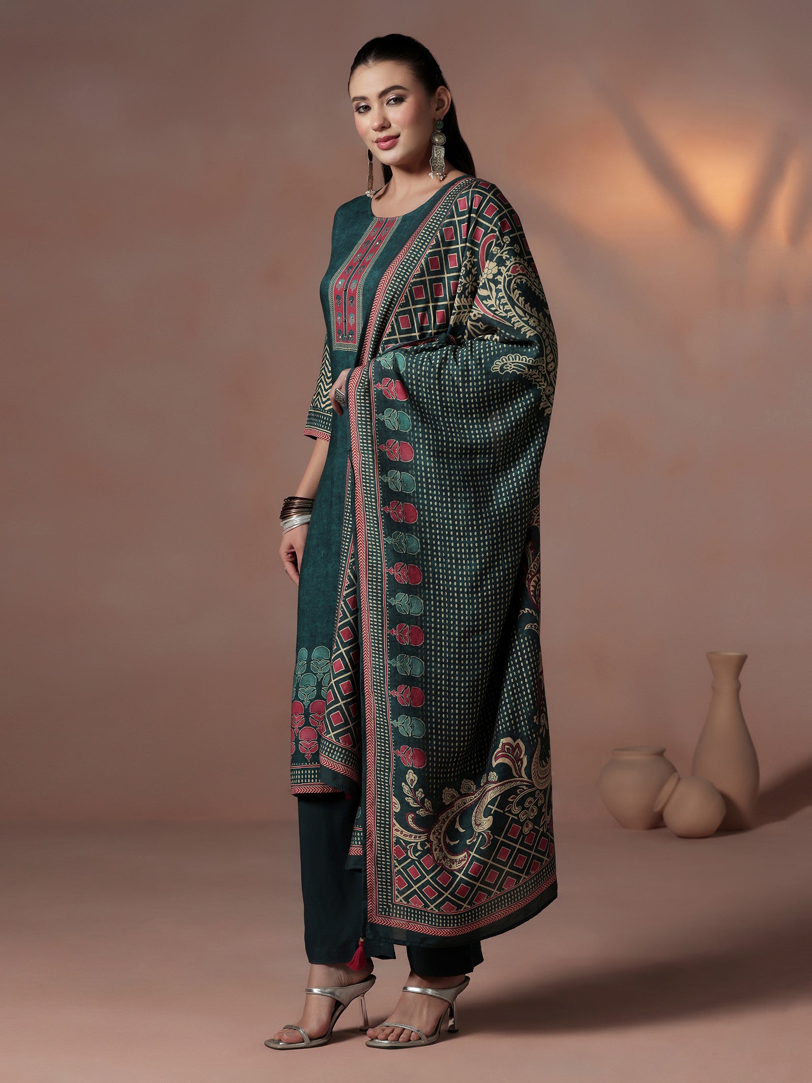 Women Liva Peacock Blue Ornamental Print Kurta Comfort Pant Dupatta