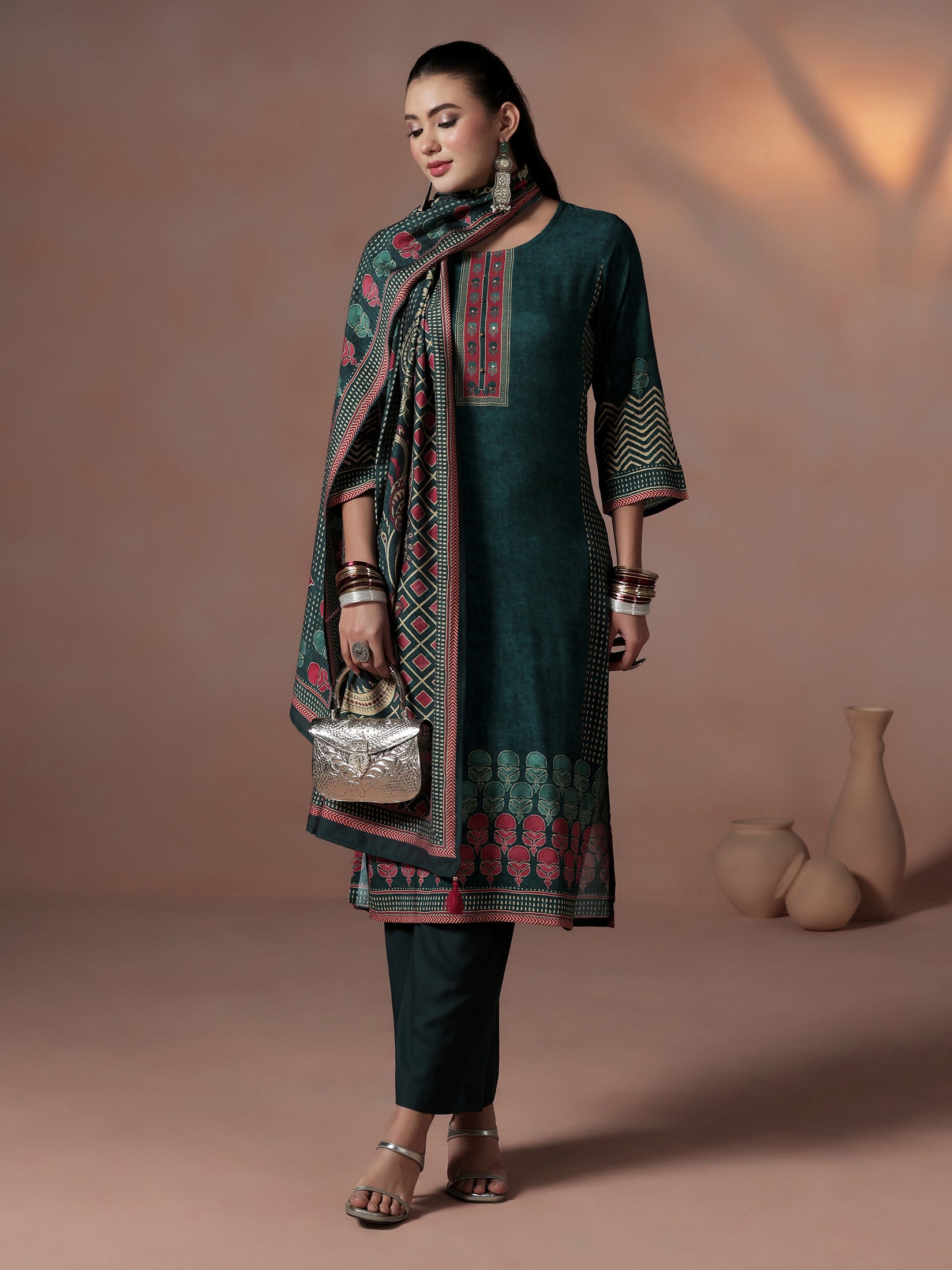 Women Liva Peacock Blue Ornamental Print Kurta Comfort Pant Dupatta