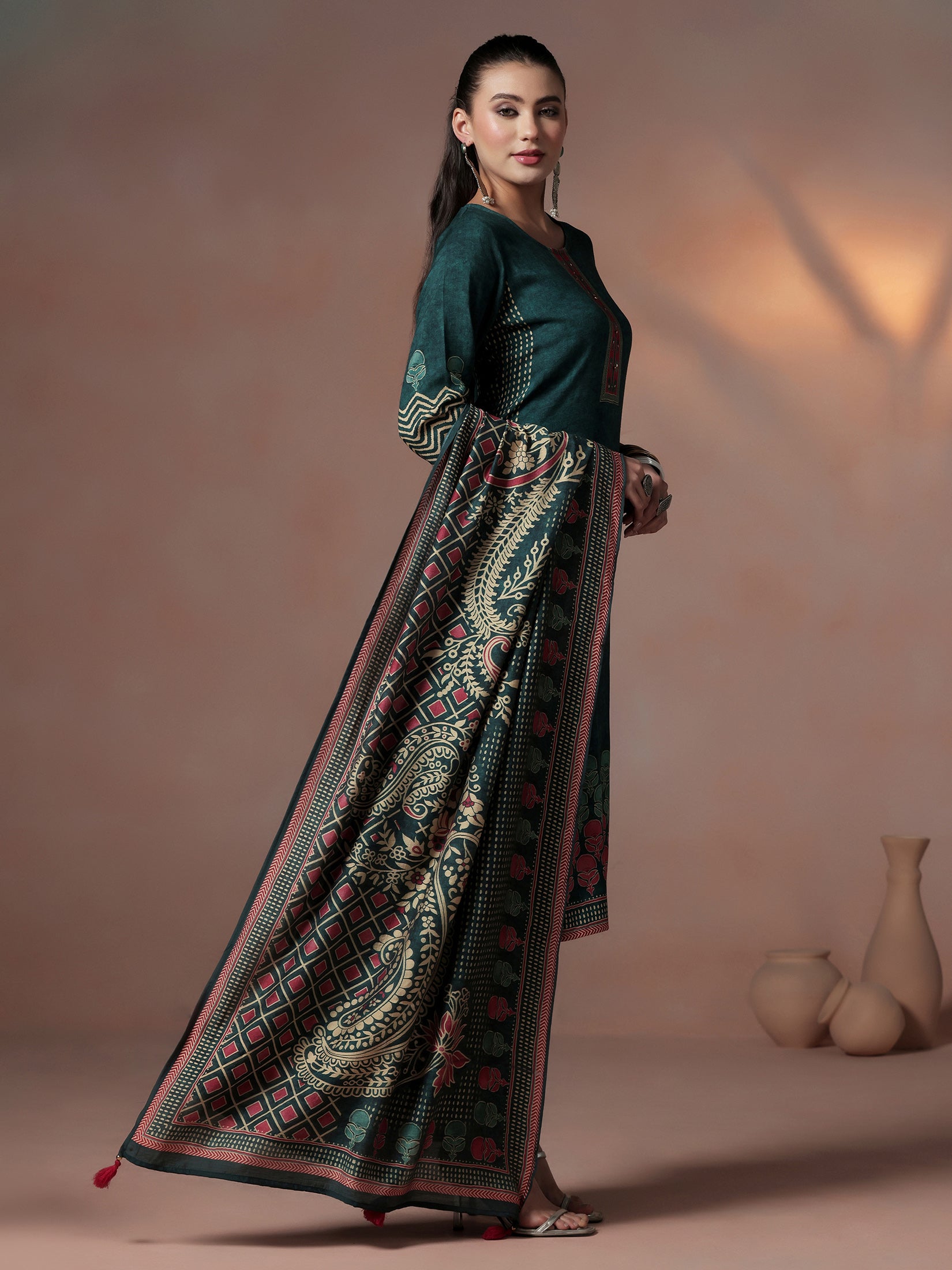 Women Liva Peacock Blue Ornamental Print Kurta Comfort Pant Dupatta