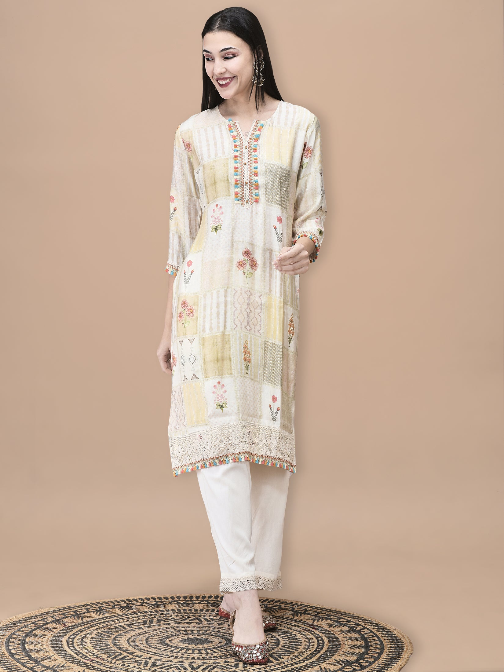 Women Liva Cream Floral Print Kurta Comfort Pant Dupatta