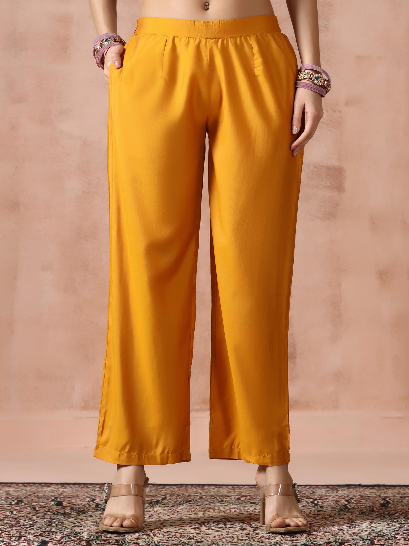 Women Liva Mustard Embroidered Kurta Comfort Pant Dupatta.