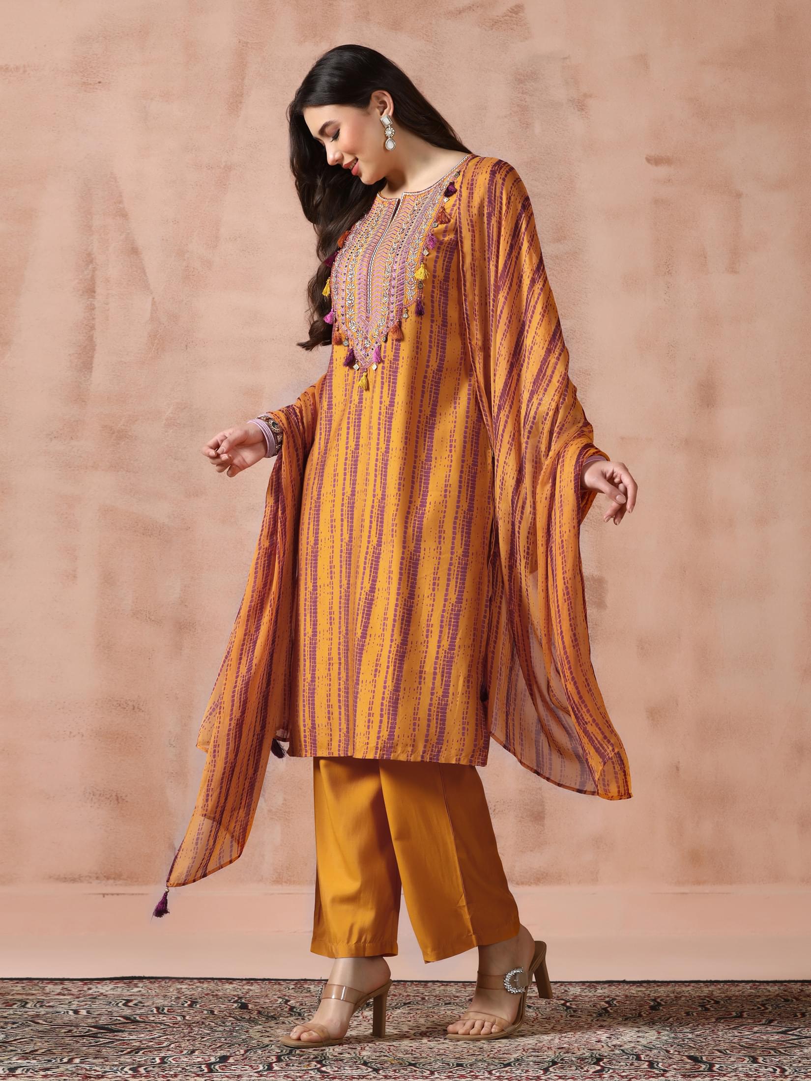 Women Liva Mustard Embroidered Kurta Comfort Pant Dupatta.