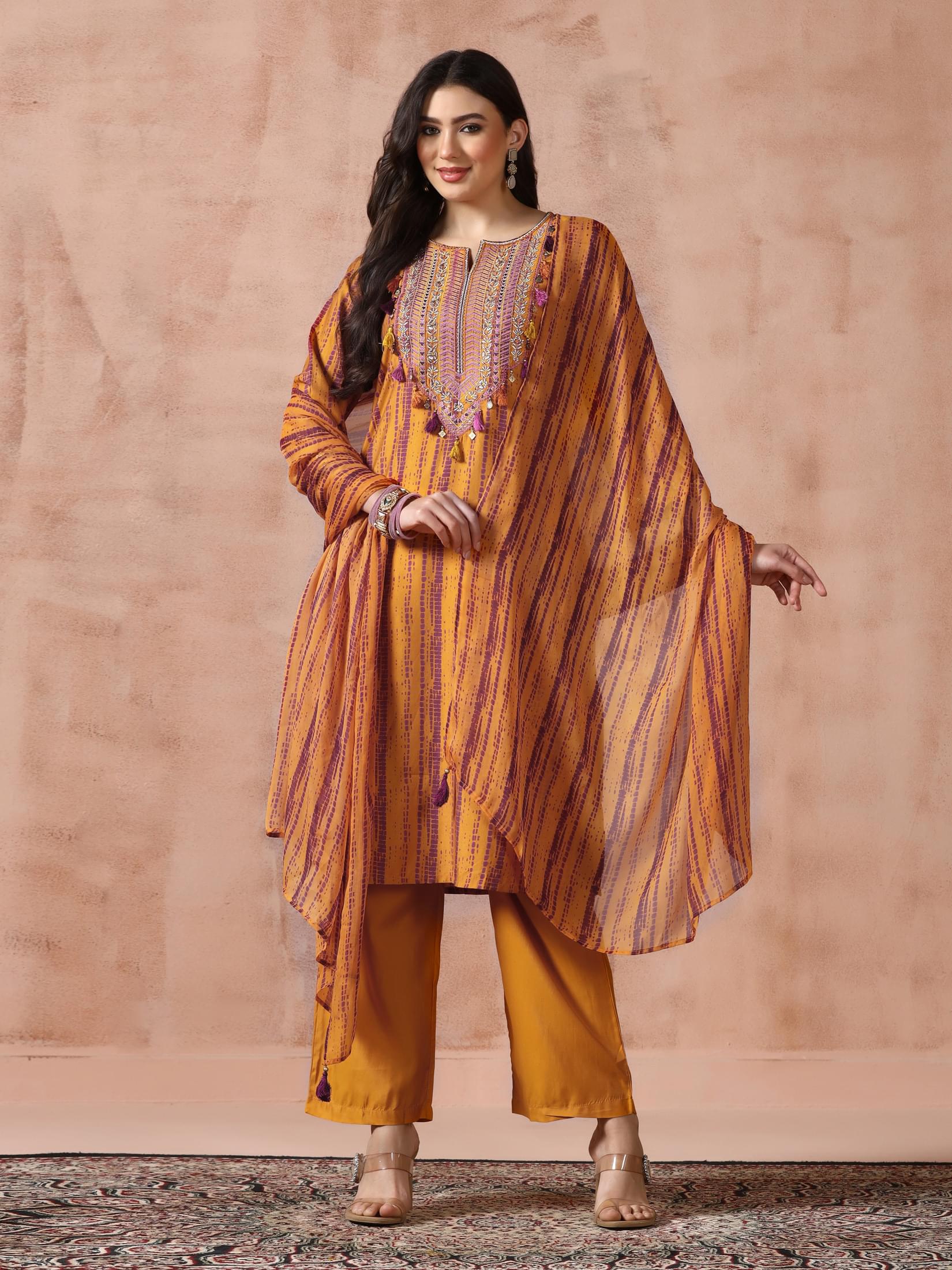 Women Liva Mustard Embroidered Kurta Comfort Pant Dupatta.